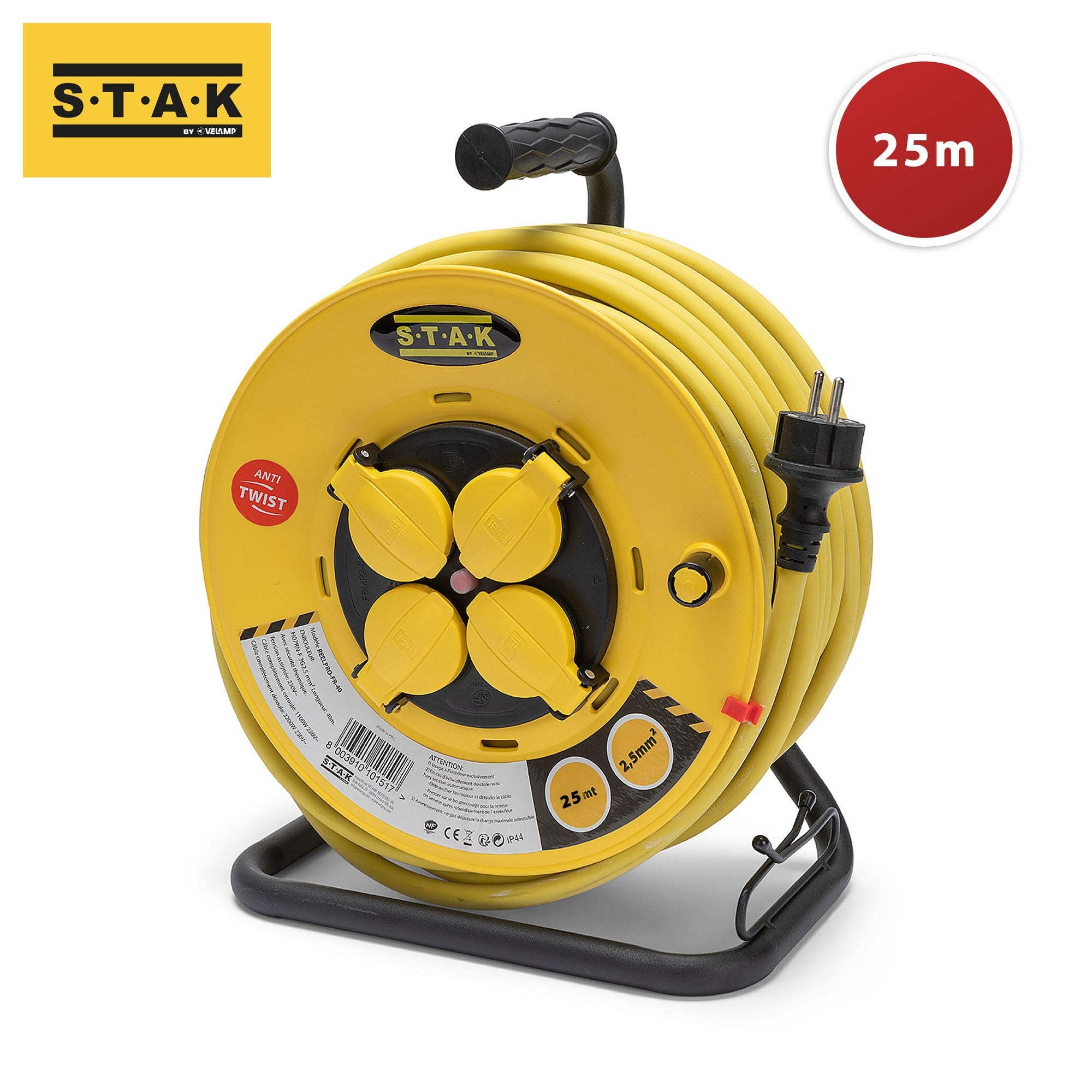 Enrouleur de chantier, 4 prises, 3G2.5, 25 mètres , NF, IP44. Platine fixe et guide cable - 6