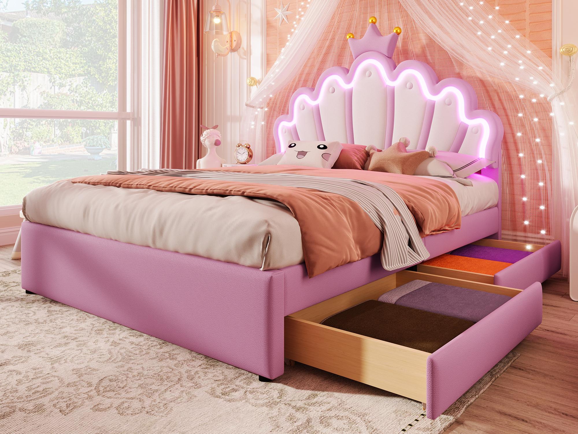 Letto imbottito per bambini 140x200 cm - con LED e 2 cassetti - Rosa |  Leroy Merlin
