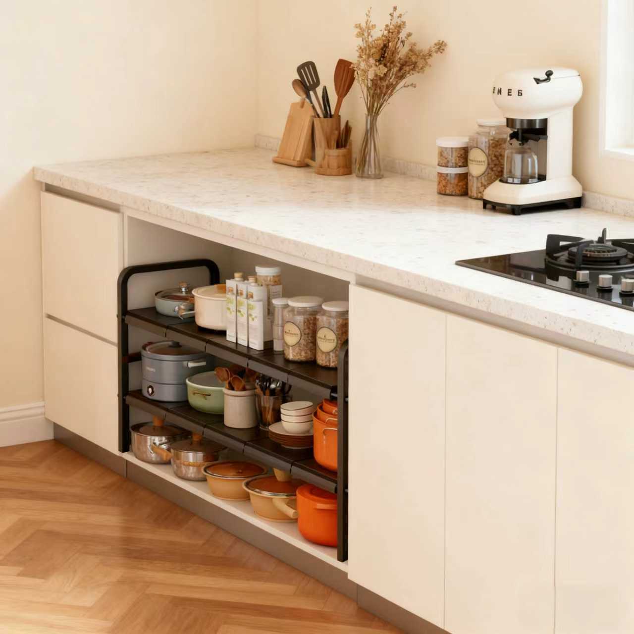 Étagère de rangement extensible pour cuisine, 53-88 cm, à deux niveaux,idéale pour ranger les casseroles,les aliments et les appareils électroménagers - 5