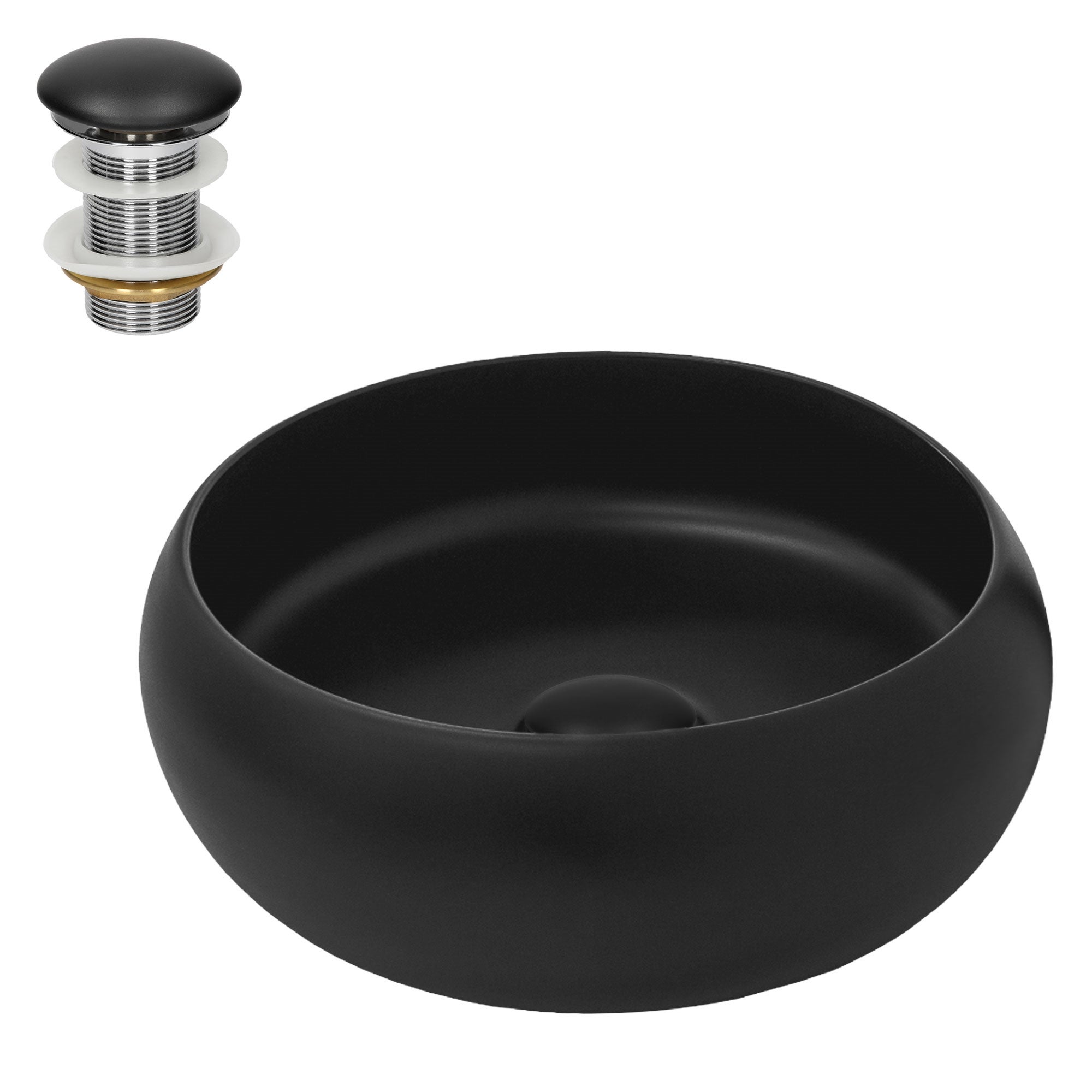 Lavoar de baie LuxeBath, Ø 35x12 cm, din ceramica, rotund, cu ventil de pop-up, fara orificiu pentru baterie, chiuvetă cu montare pe blat, negru mat