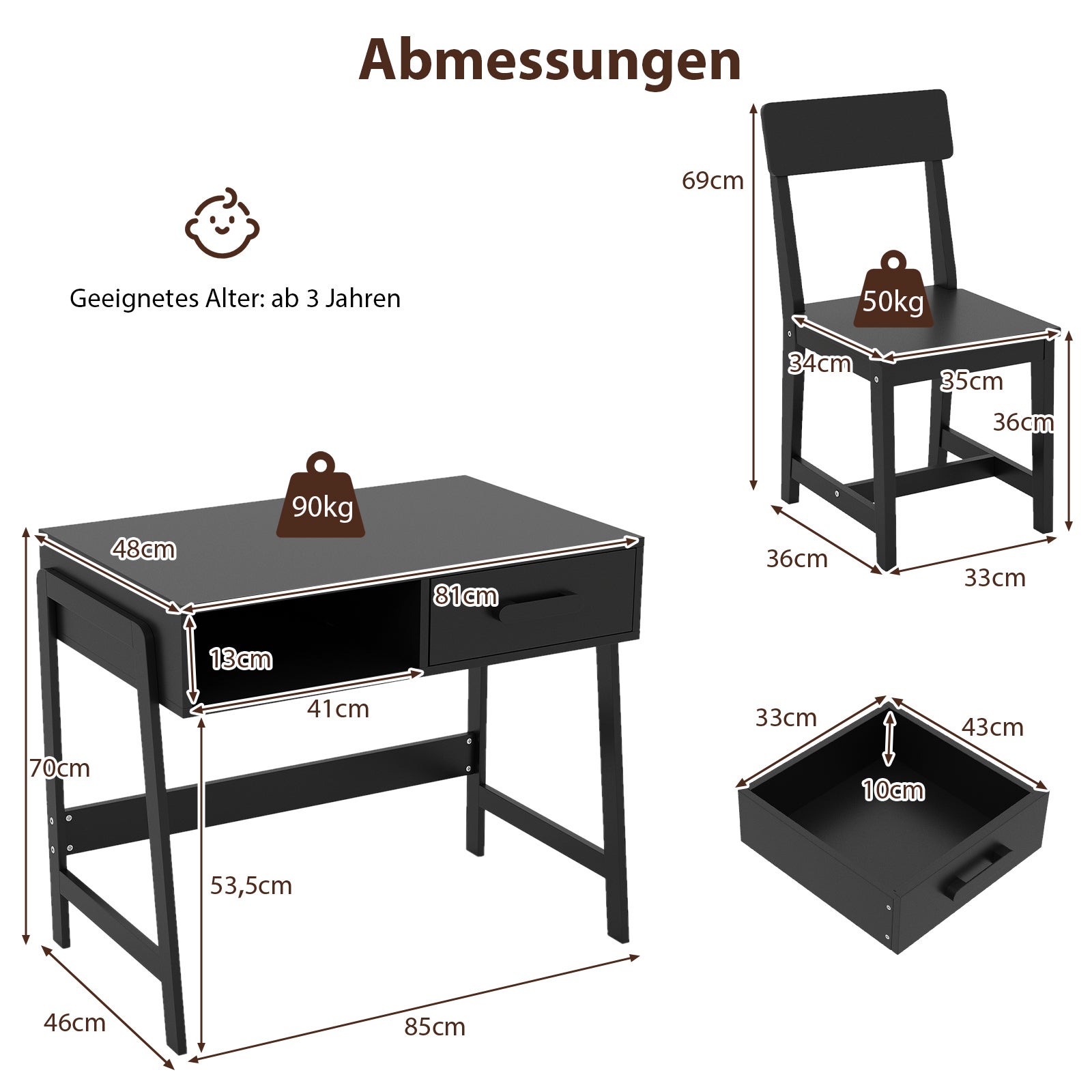 Biurko dla Dzieci Powyżej 3 Lat, Stolik dla Dzieci z Ergonomicznym Krzesłem, Biurko dla Dzieci z Sosny z Miejscem, Nośność 75/55 kg (Czarny) - 3