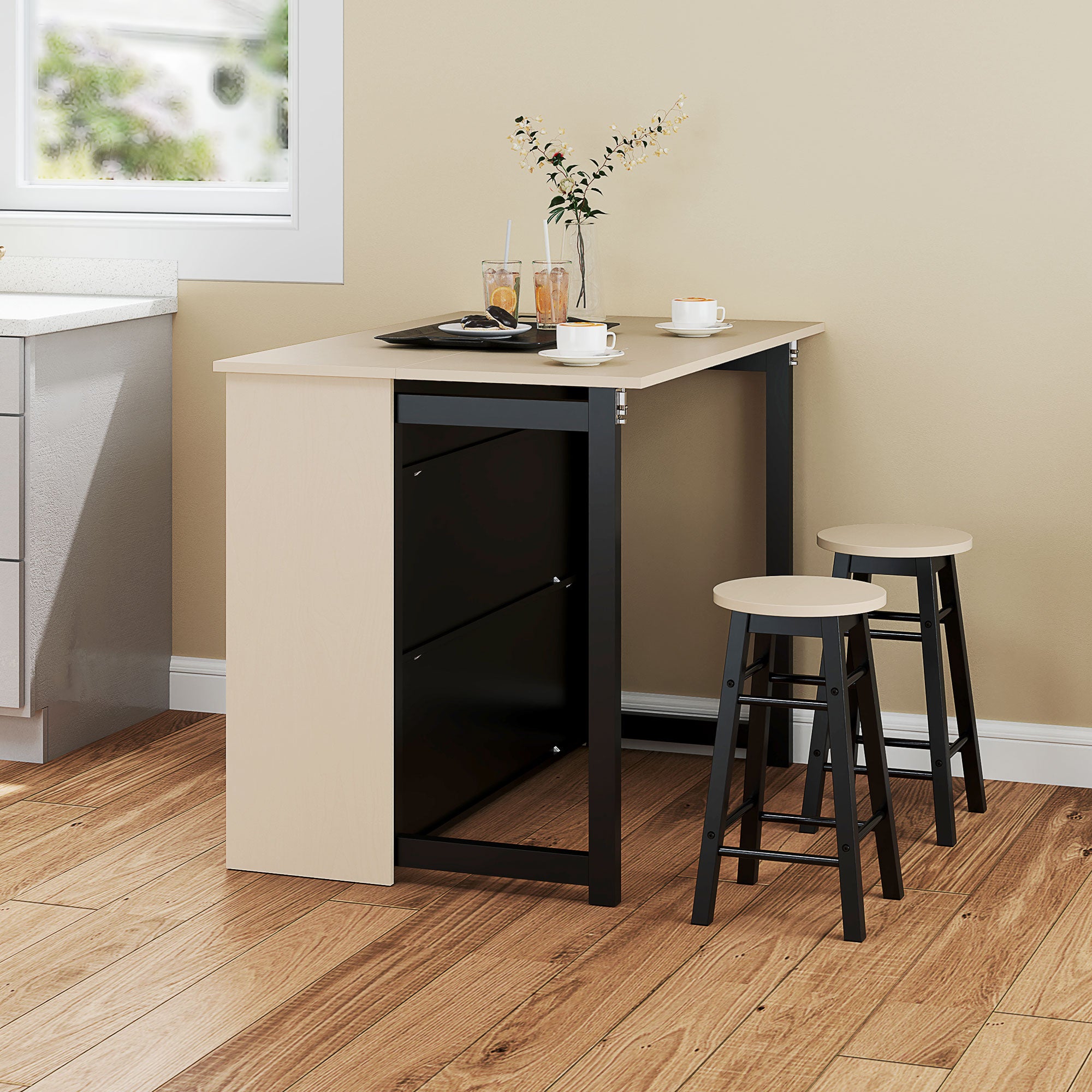 Ensemble bar 3 pièces,table de bar avec plateau rabattable,2 tabourets de bar,6 compartiments de rangement,noir et chêne,116x70x89,5cm - 3