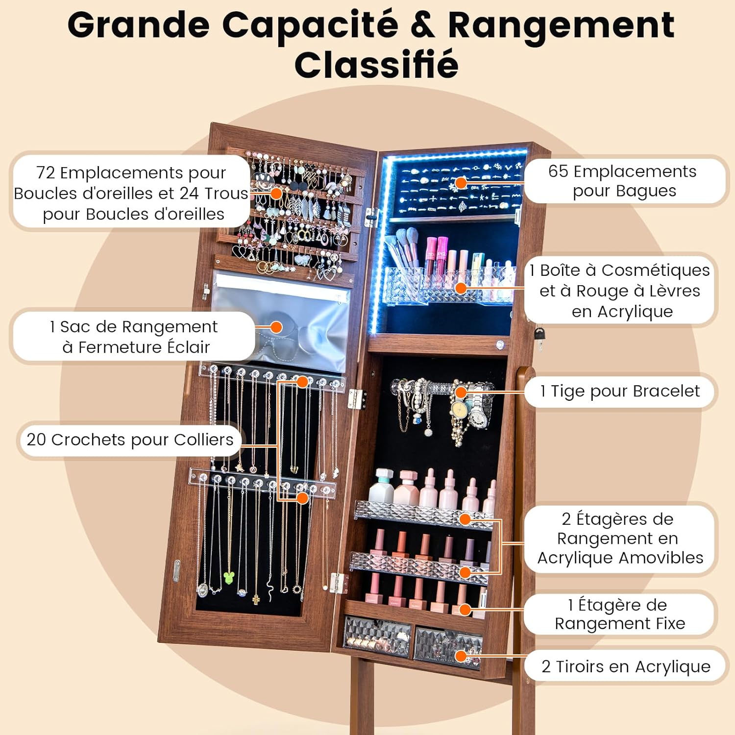 Armoire à Bijoux avec Miroir sur Pieds, Grand Miroir Psyché Sans Cadre avec Éclairage LED 3 Couleurs, avec 3 Angles Ajustables (Noyer) - 6