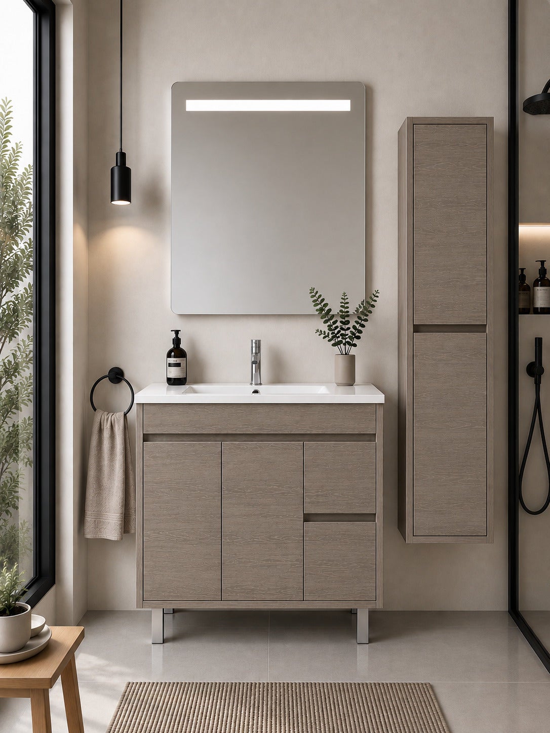 Mobilier de baie cu lavoar ORIGENBATH ISQUIA fără oglindă 70x45 cm stejar smoky cu coloană