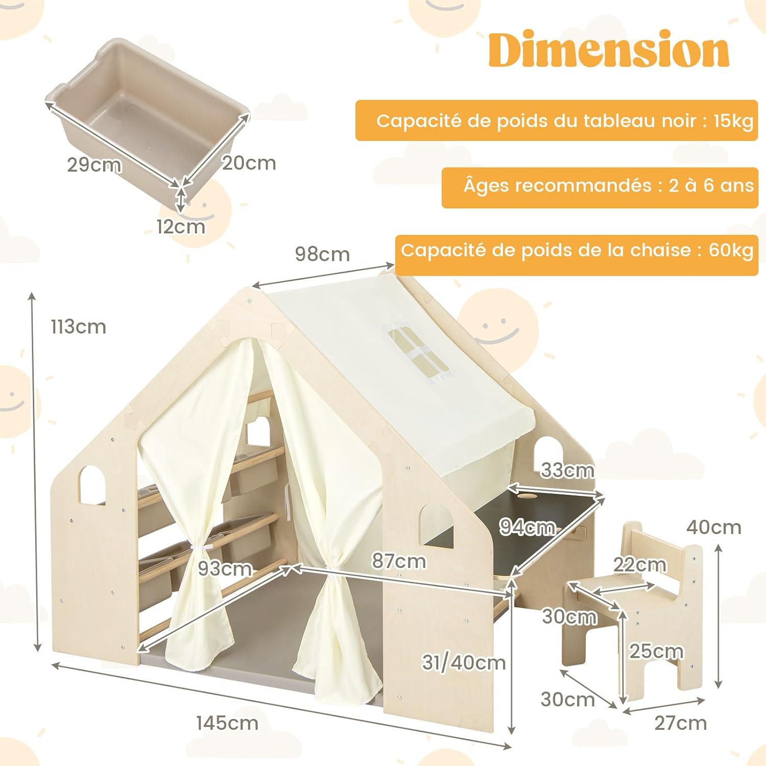 6 en 1 Tente de Jeu Enfants Cadre en Bois Massif, Table & Chaise, Tapis et Rideaux Amovibles, Maisonnette pour 2-6 Ans, 145x98x113cm - 5