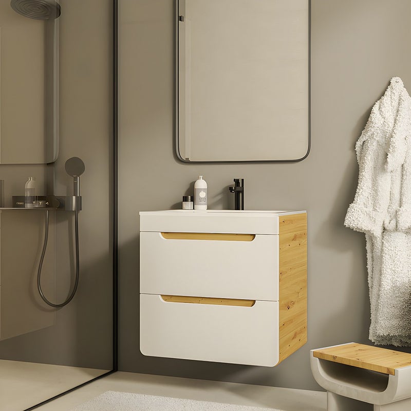 Szafka łazienkowa wisząca z umywalką w zabudowie - Kolory naturalny i biały - 60 cm - ARUBA