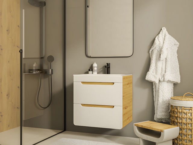 Meuble sous vasque suspendu coloris naturel et blanc - 60 cm - ARUBA