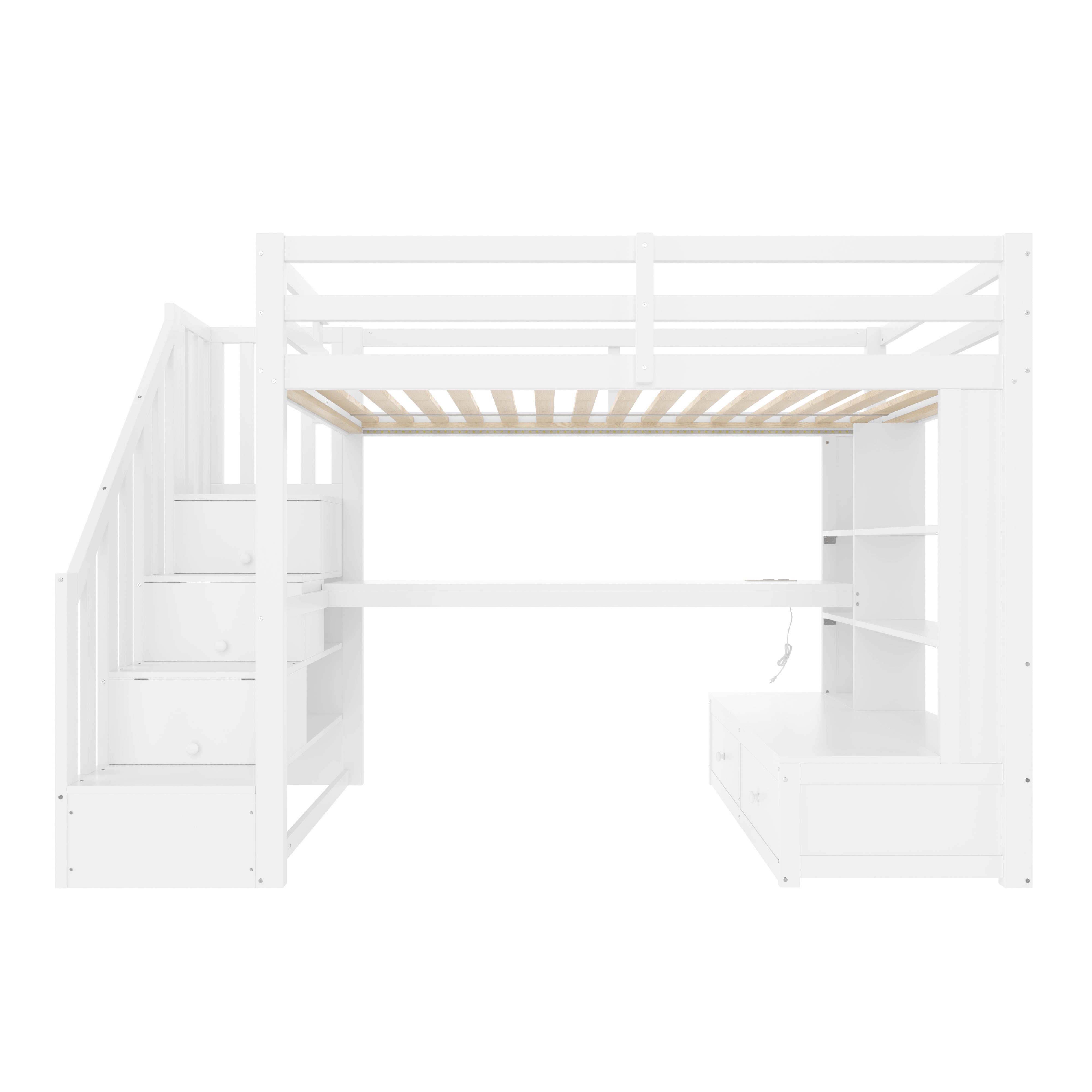 Lit mezzanine 90x200 cm - Avec bureau et étagère - Avec 2 tiroirs - Avec LED - Escalier de rangement - Blanc (matelas non inclus) - 5