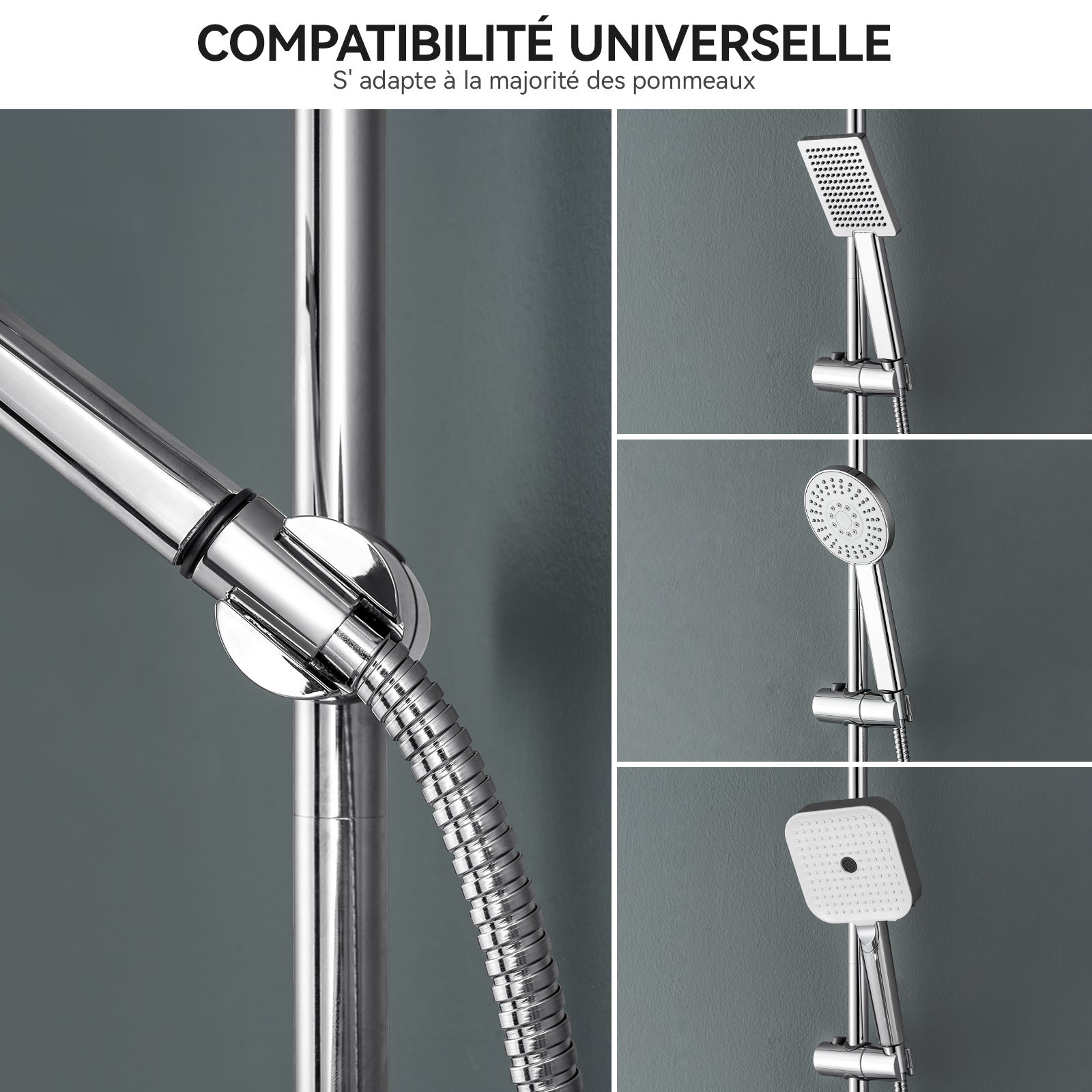 Barre de Douche en inox 70 cm avec Support de Pommeau de Douche /étagère de douche,fixations murales réglables,avec support de douchette,chromé - 4