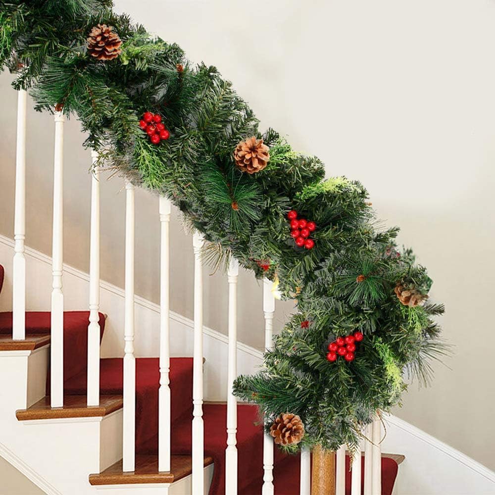 Guirnalda de árbol de Navidad artificial de 180 cm, verde iluminado con piñas y frutos rojos, ideal para decorar chimenea, puerta y escalera. - 4