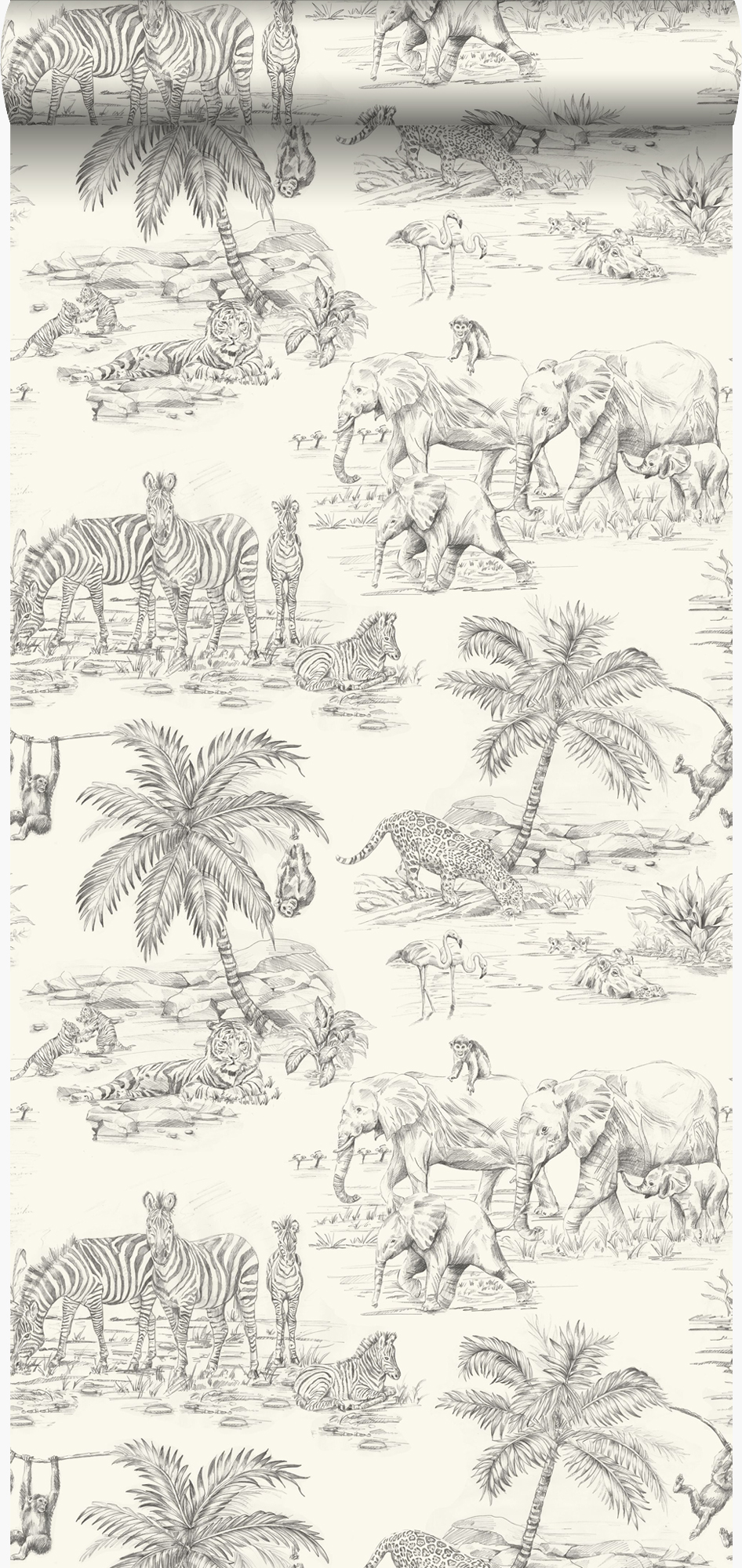 Papel pintado animales de la selva blanco marfil y gris - 53 cm x 10,05 m - origin wallcoverings