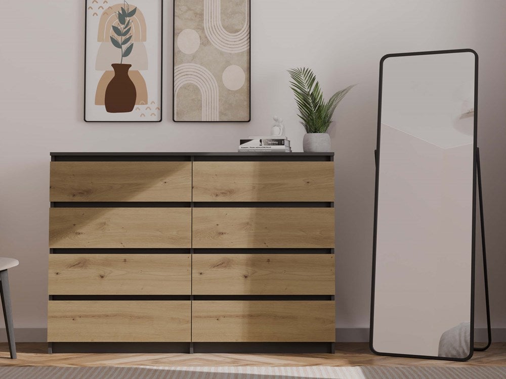 MILAN - Commode de chambre 8 tiroirs - 138x97x40cm - Meuble de rangement - Style moderne - Gris&Chêne - 8