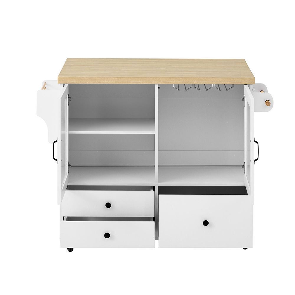 Îlot de cuisine mobile avec table à rallonge et roulettes, chariot avec porte-verres à vin et rangement, blanc - 4