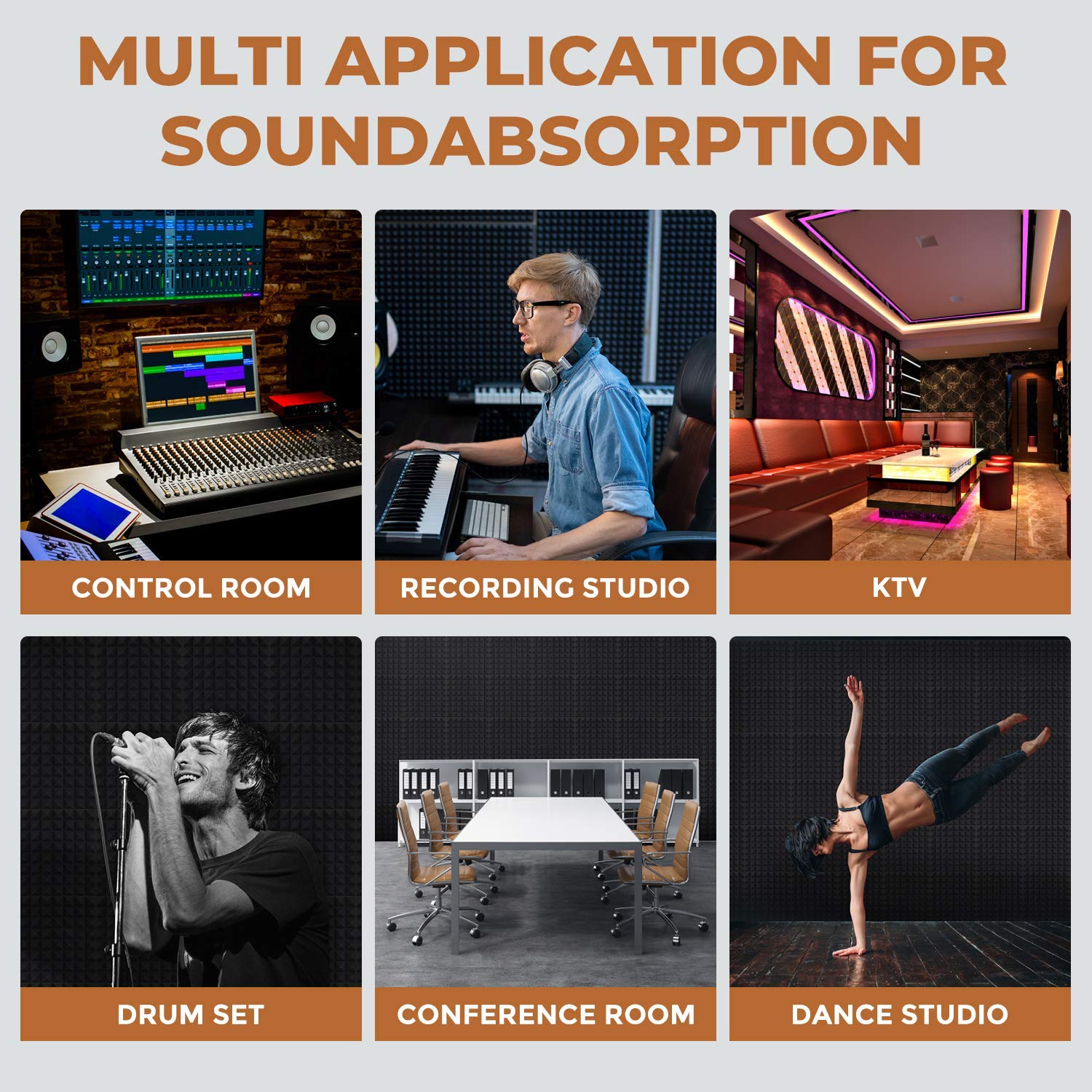 Paneles acústicos: juego de 12 unidades de espuma acústica piramidal negra de 30*30*2,5 cm, paneles de pared insonorizados a prueba de fuego - 3