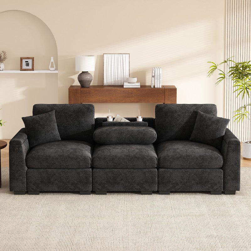 Canapé 3 places moderne - avec coussins et table pliante - comprend des ports USB et un porte-gobelet - gris - 2