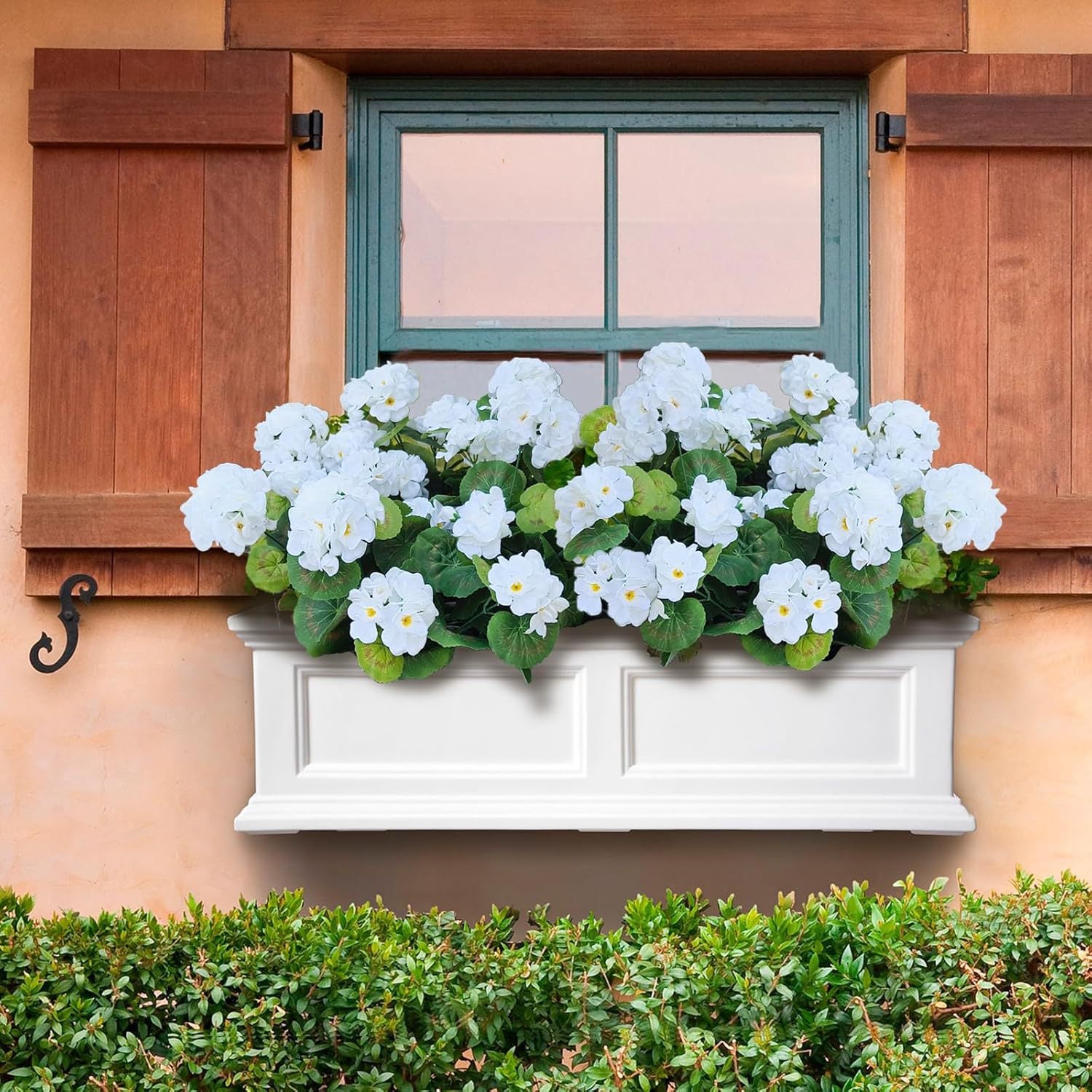 Paquete de 4 geranios de seda anti-UV, flores artificiales y plantas verdes para decoración de jardín y boda, blanco, 35 cm - 5