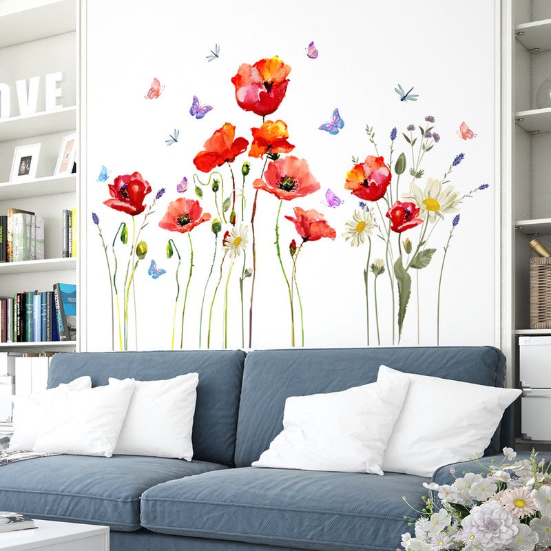Sticker mural coquelicot fleur rouge Stickers muraux plantes papillon Stickers muraux chambre salon cuisine décoration murale - 5