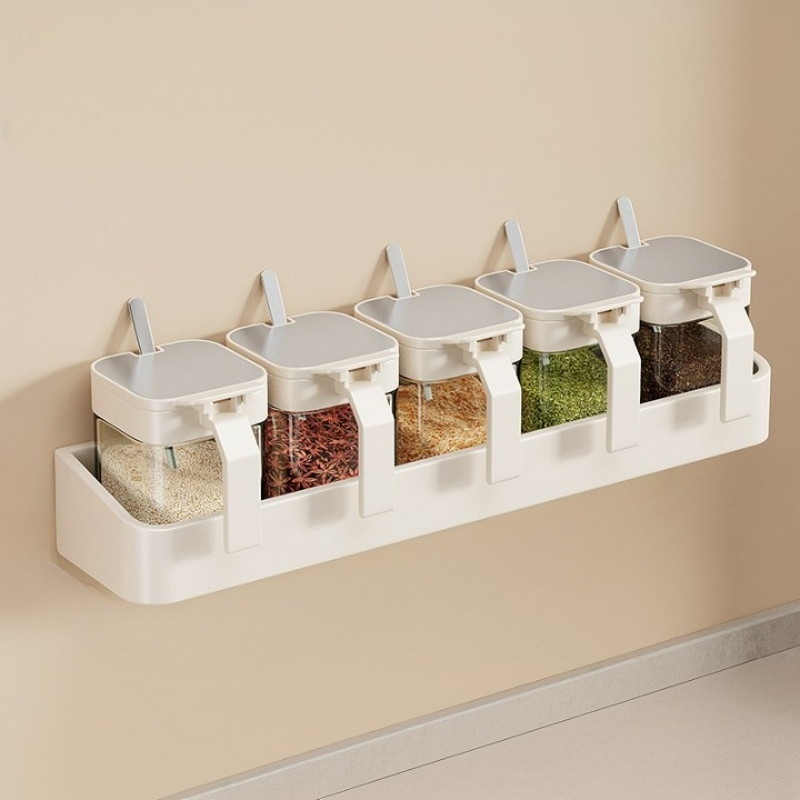 Pojemnik na przyprawy, kuchenny, ścienny, stojak na przyprawy, 39*8,7*5 cm + słoiki*5, kremowo-biały