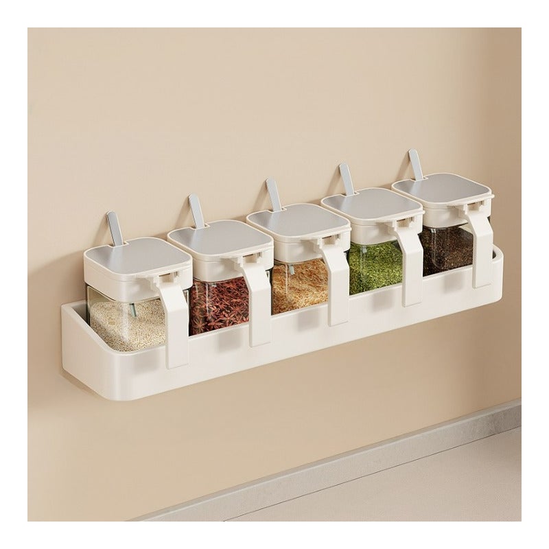 Pojemnik na przyprawy, kuchenny, ścienny, stojak na przyprawy, 39*8,7*5 cm + słoiki*5, kremowo-biały