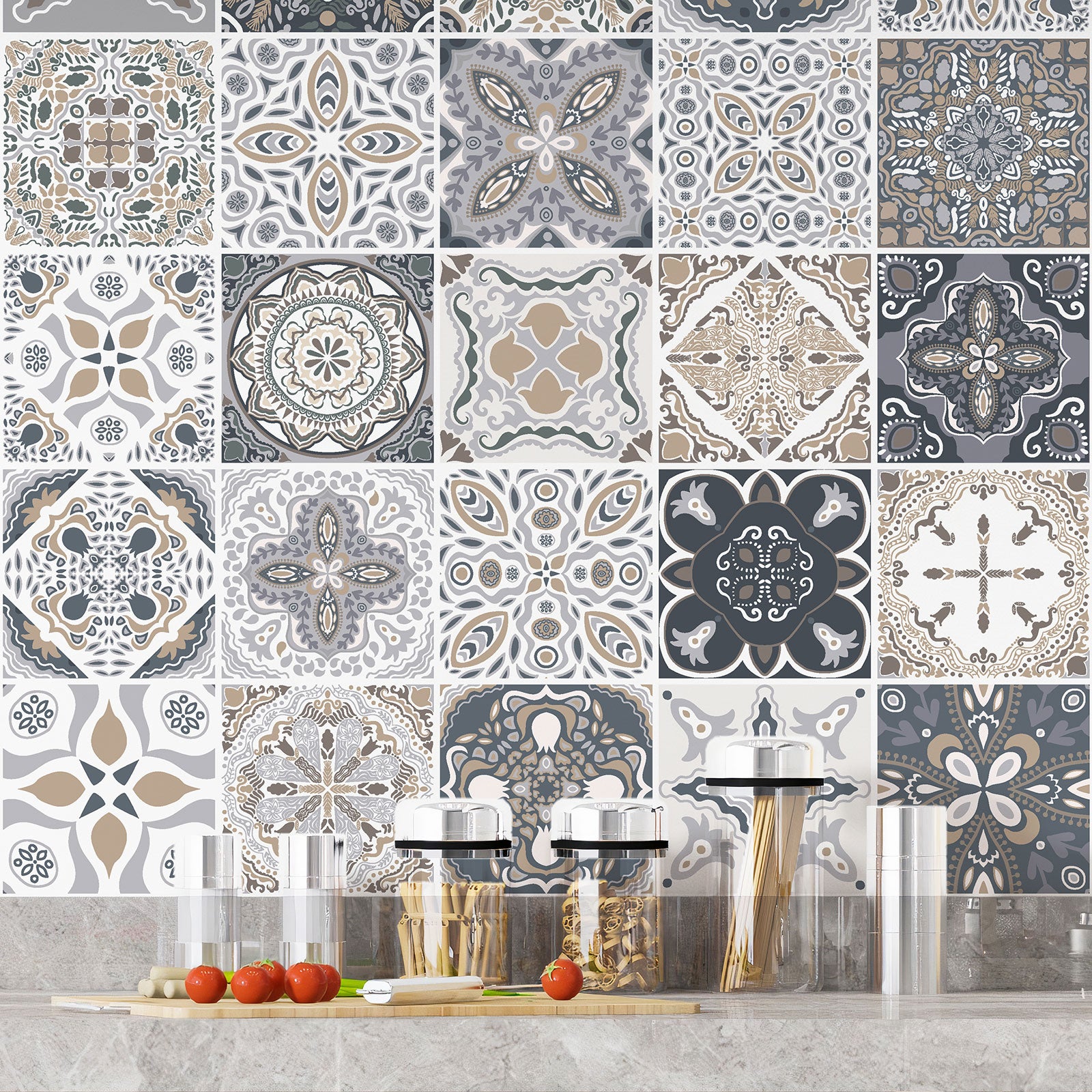 Crédence adhésive sticker décoratif pour cuisine - Effet carreaux de ciment - Adhésif BRILLANT - 60x60 cm - 4