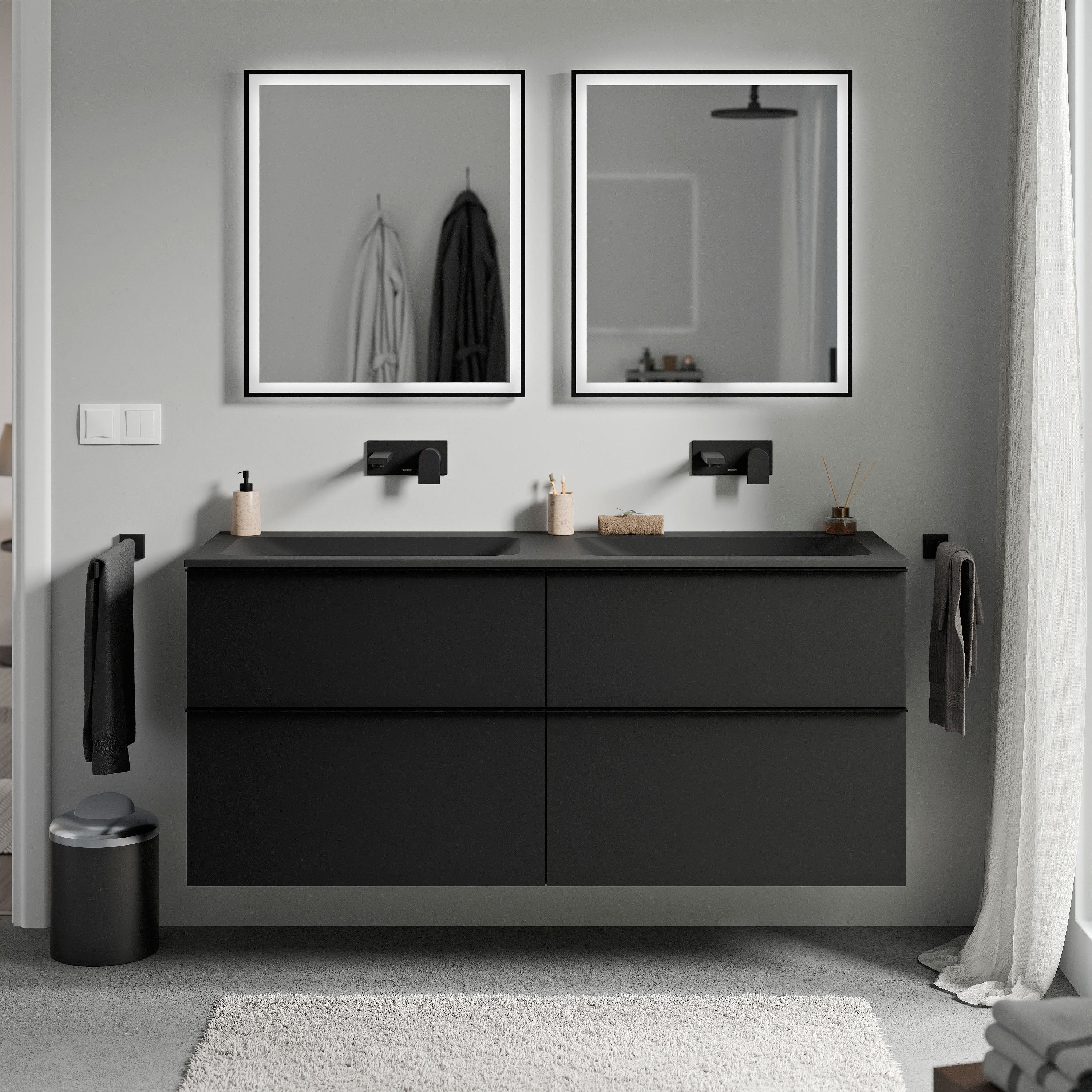 Bernstein - mueble lavabo suspendido mdf negro mate, lavabo fundición negro mate sin orificio grifería, tirador cromado 140x46x62cm lavoa