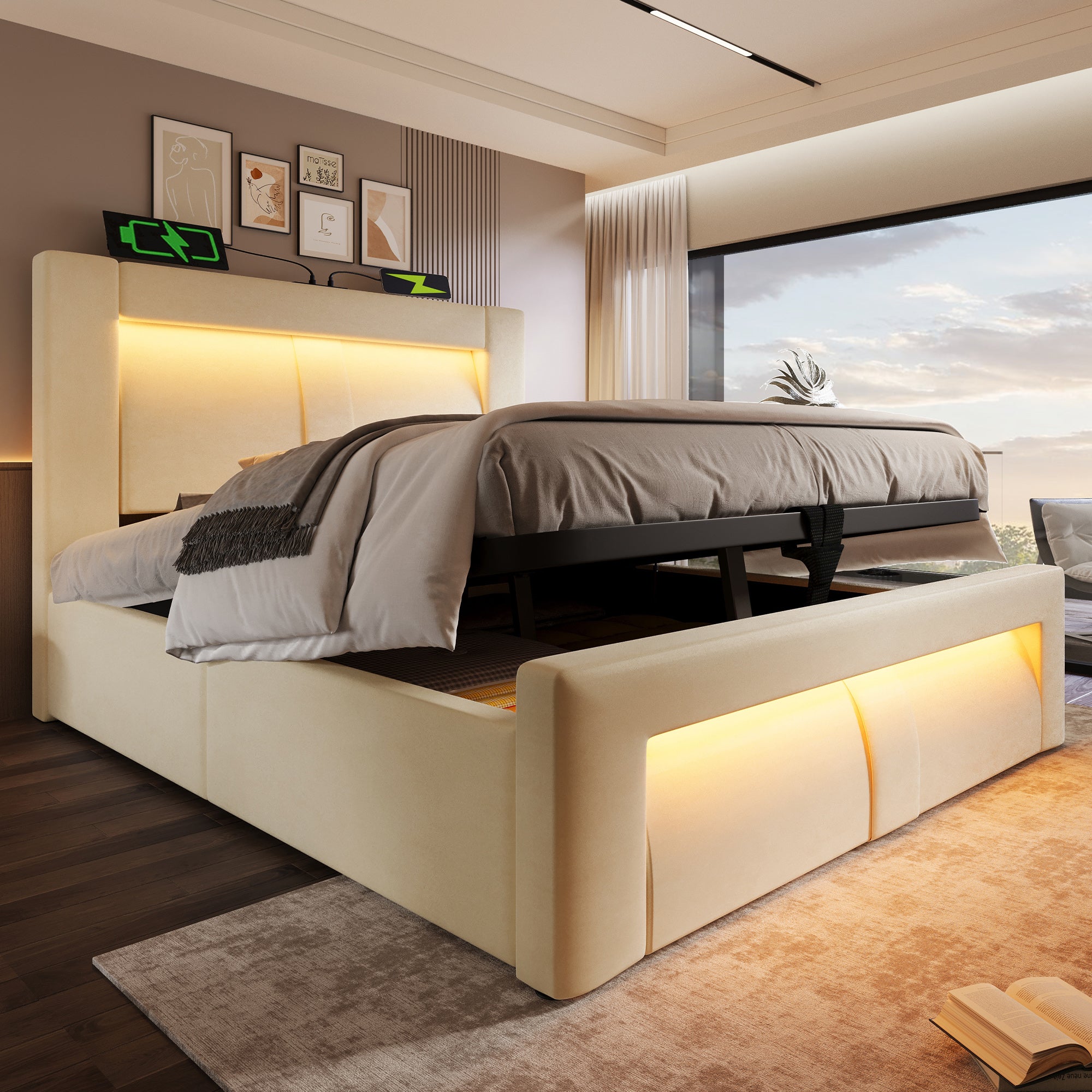 Łóżko tapicerowane ze schowkiem 90x200cm - z oświetleniem LED - z portami USB i Type-C - welur - Beżowy​ (bez materaca)