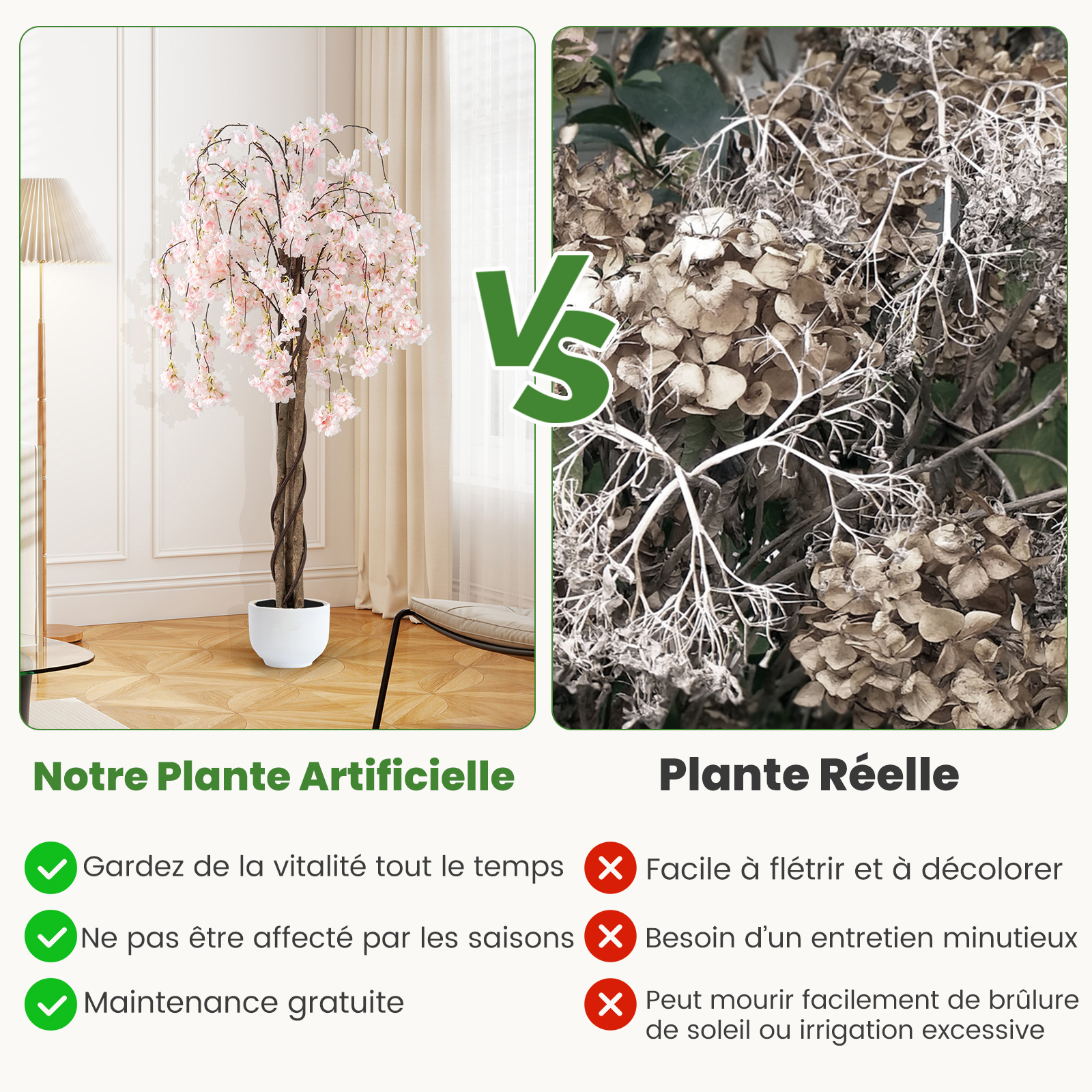 Cerisier Artificiel Réaliste 163 CM, Plante Artificielle en Pot avec Fleurs Roses et Blanches, Arbre Florale Décorative Intérieur Extérieur, Blanc - 7