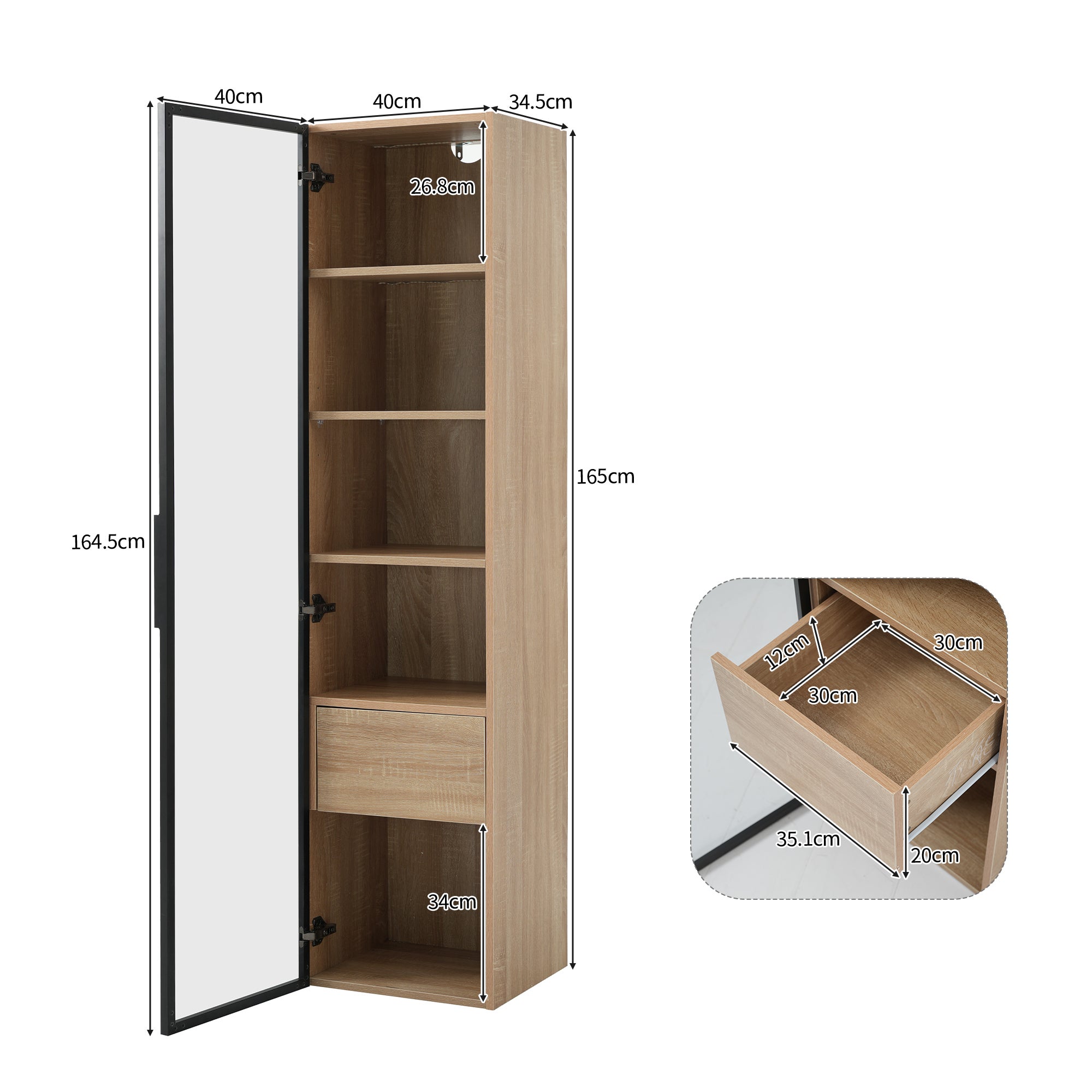 Vetrina, credenza alta con 1 anta in vetro e 1 cassetto interno - 40 X 34,5 X 165 cm - Legno MDF - Naturale - 2