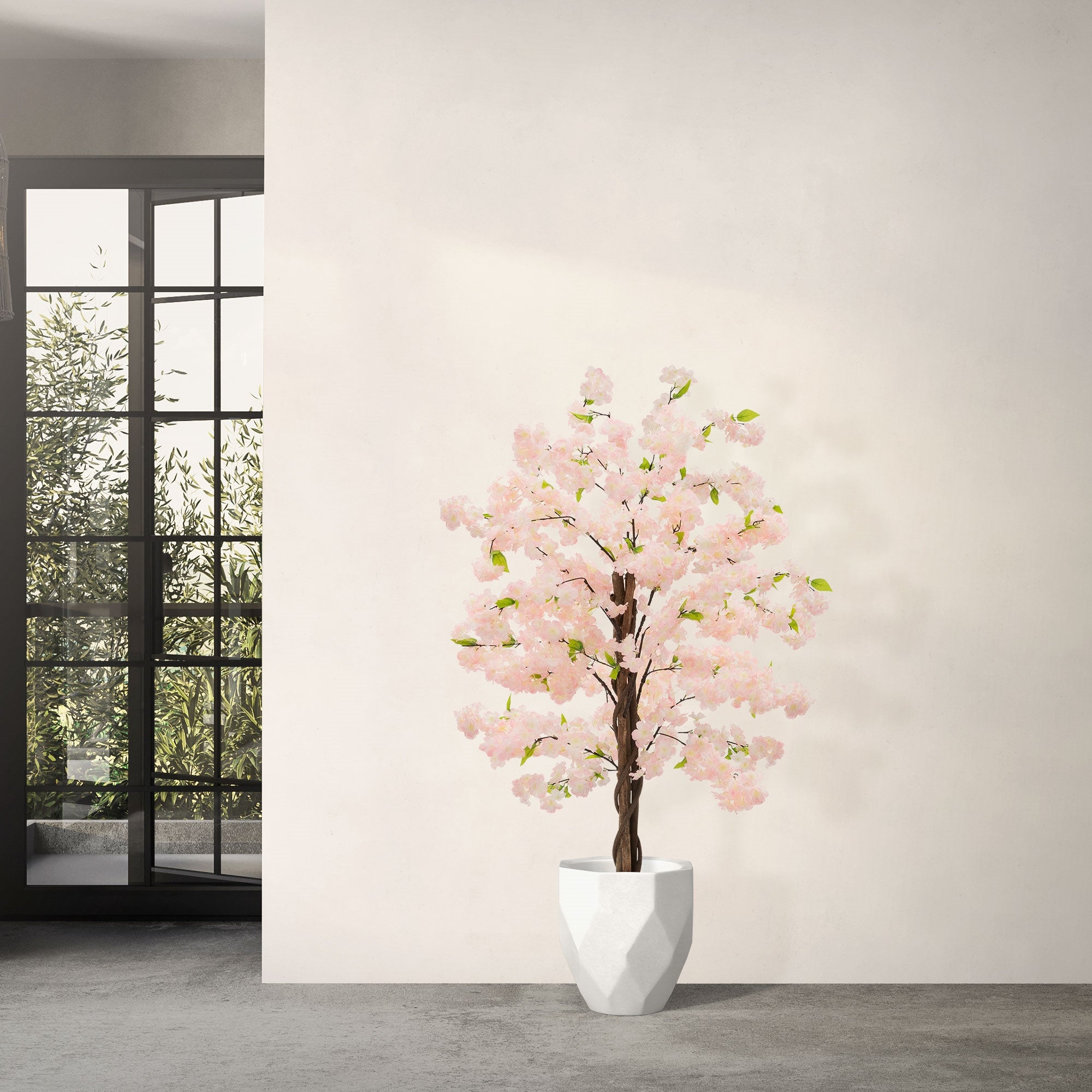 Plante artificielle cerisier 150 cm faux arbre décoratif imitation réaliste en plastique avec des fleurs roses pot inclus pour intérieur et extérieur - 7
