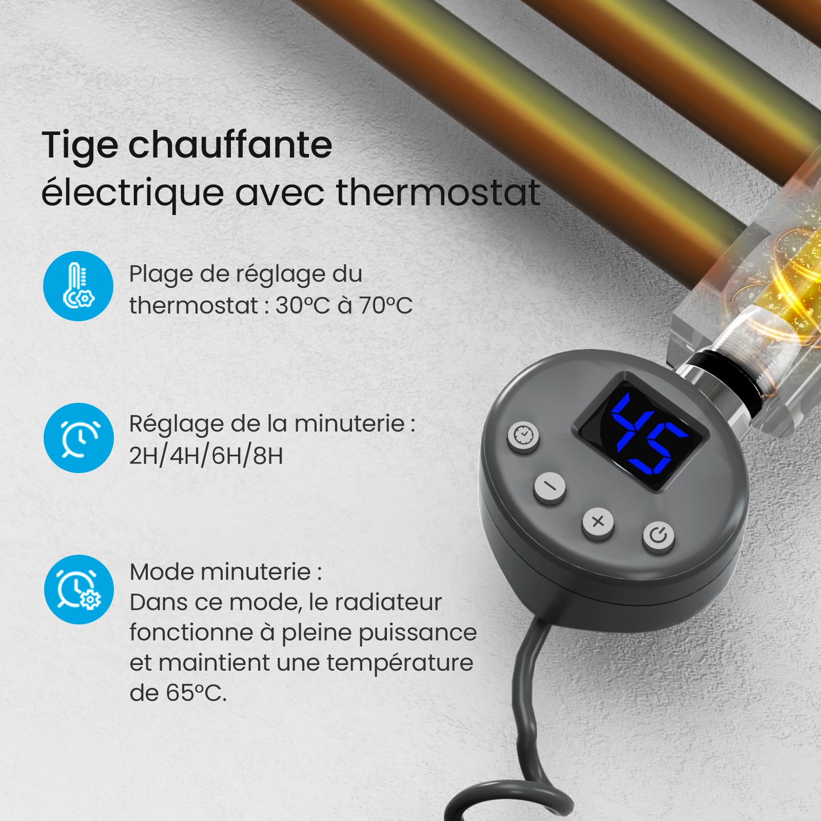 Heilmetz Sèche-Serviettes Electrique, Radiateur Sèche-Serviettes 70x40 cm Anthracite avec Timing Elément de Chauffage Electrique - 7