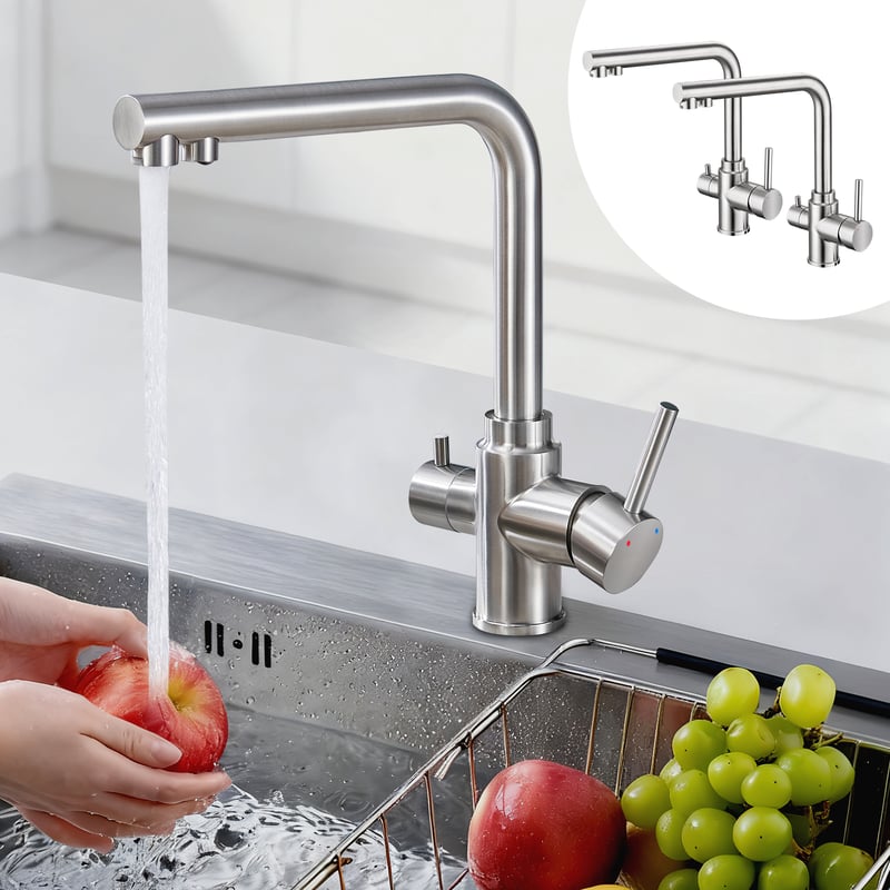 LOVHAUS 3-drożna Bateria Kuchenna do Filtra Wody, Obrotowa o 360° Bateria 3 w 1 do Wody Pitnej z 2 Dźwigniami, 2 Sztuki