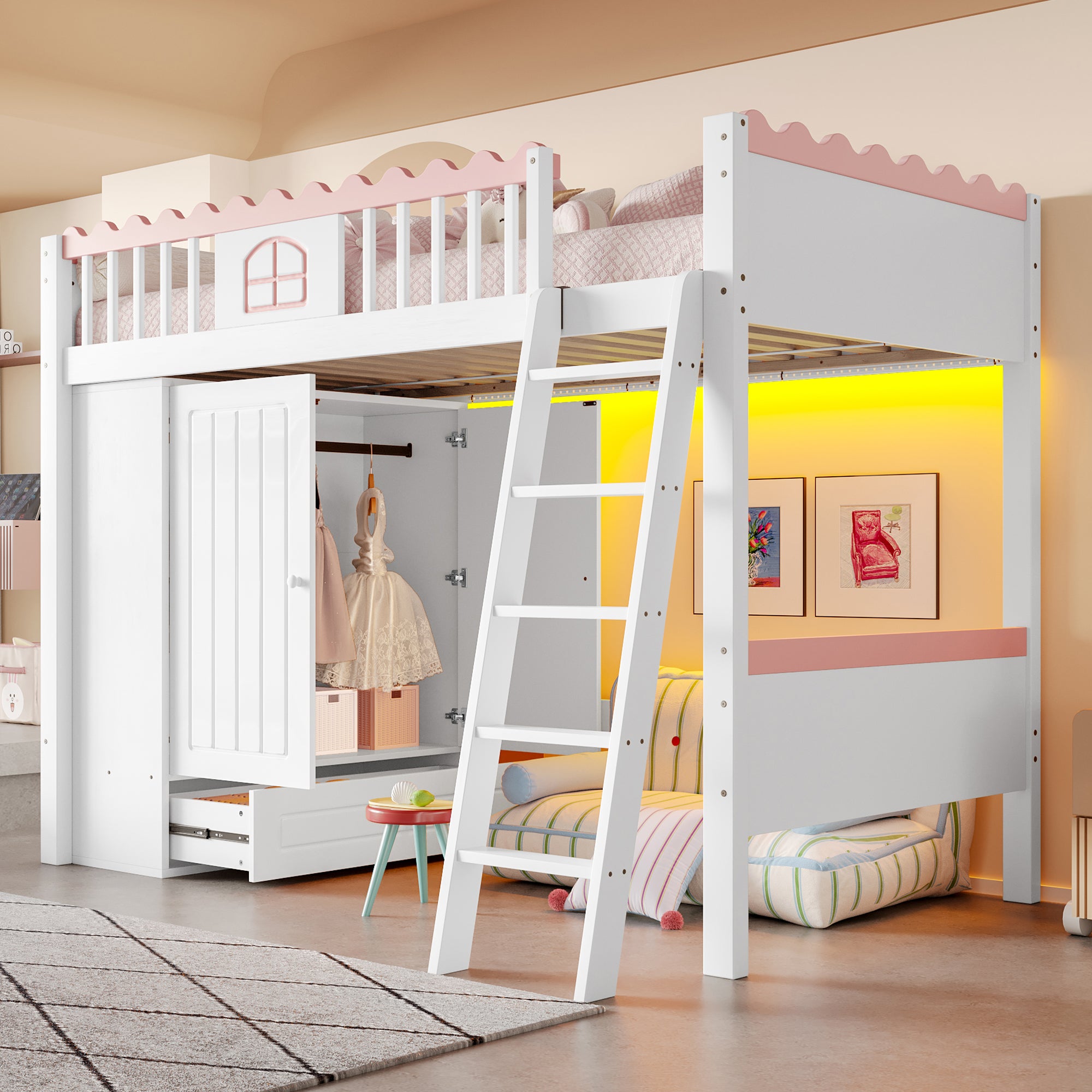 Lit Mezzanine Enfant Certifié EN747 En Pin - 90x200cm Avec Toboggan, étagères Et Leds