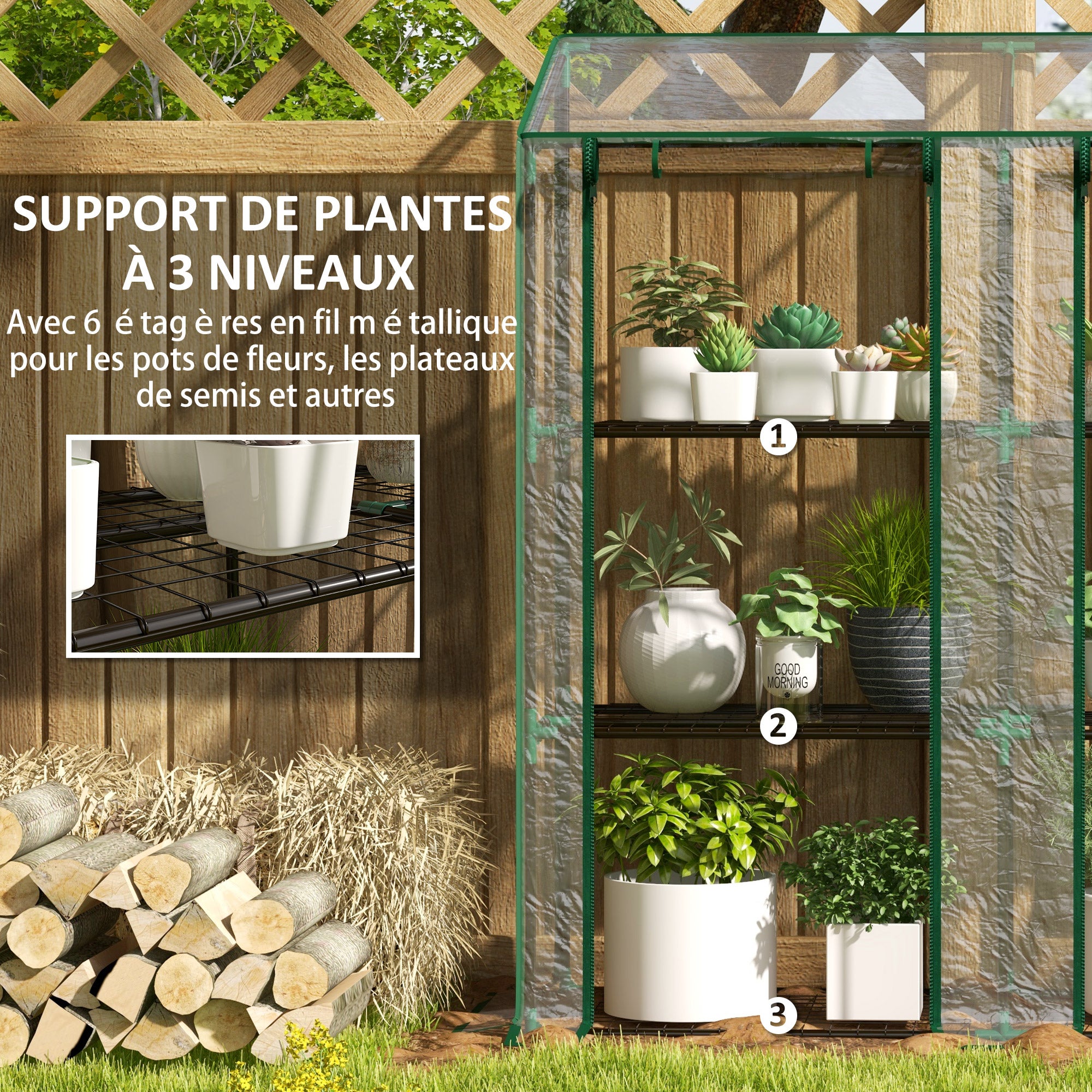 Mini serre de jardin 3 niveaux avec bâche en plastique, 2 portes enroulables, 6 étagères, dim. 143L x 46l x 141/151H cm - 7