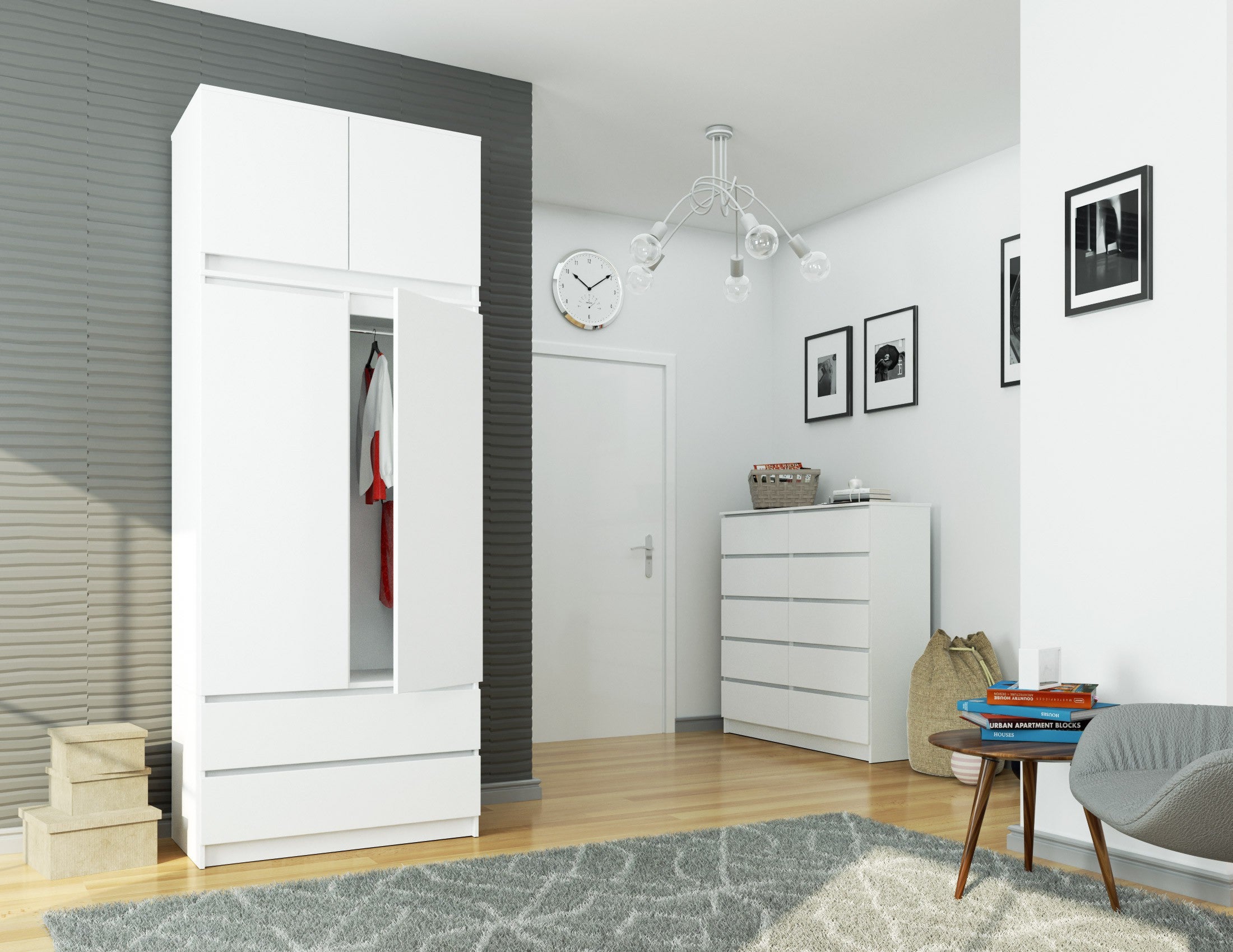 Armoire avec surmeuble AKORD S90 Blanche 90 cm 2 portes 2 tiroirs façade Blanche 6 étagères 90x51x234 cm - 6