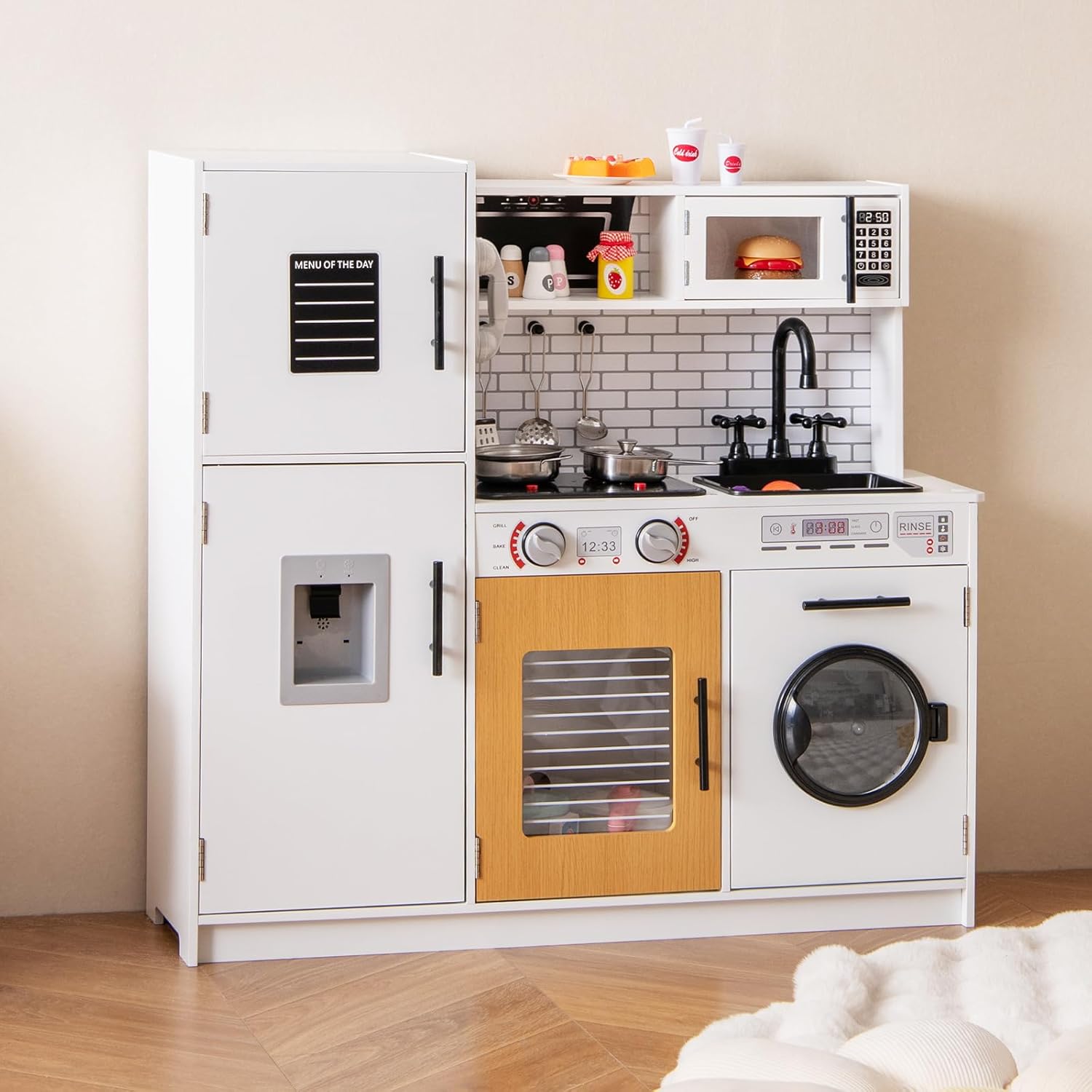 Cuisine Enfant avec Effets Sonores et Lumières, Jeu de Cuisine Enfant avec Machine à Laver & Micro-Ondes, Distributeur d'eau & Téléphone, Blanc - 9