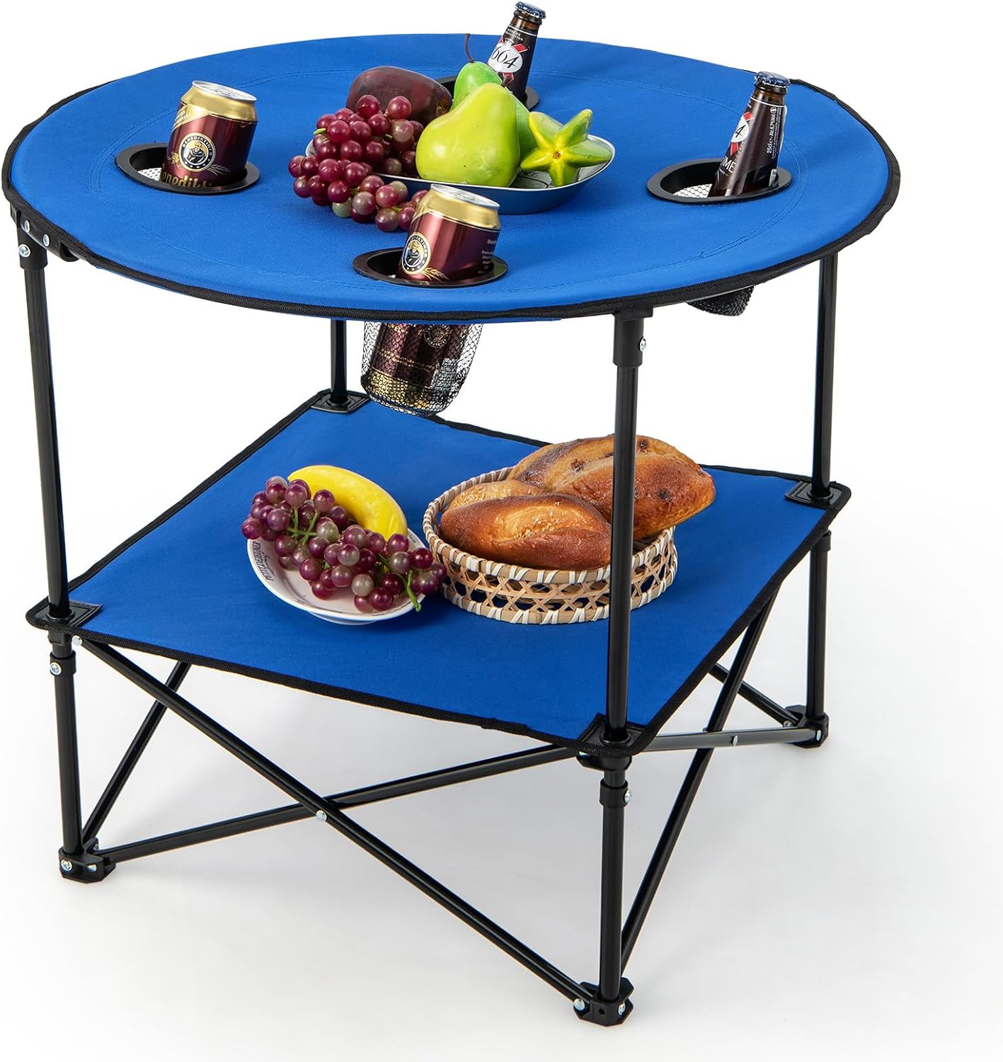 Składany Stół Kempingowy, Składany Stół Piknikowy z 4 Uchwytami na Kubki, Lekka i Przenośna Okrągła Regał z Torbą Transportową