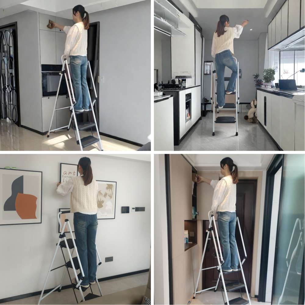 Escabeau pliant 5 marches acier blanc, pédales larges antidérapantes, poignée sécurité, portable 150 kg - 3