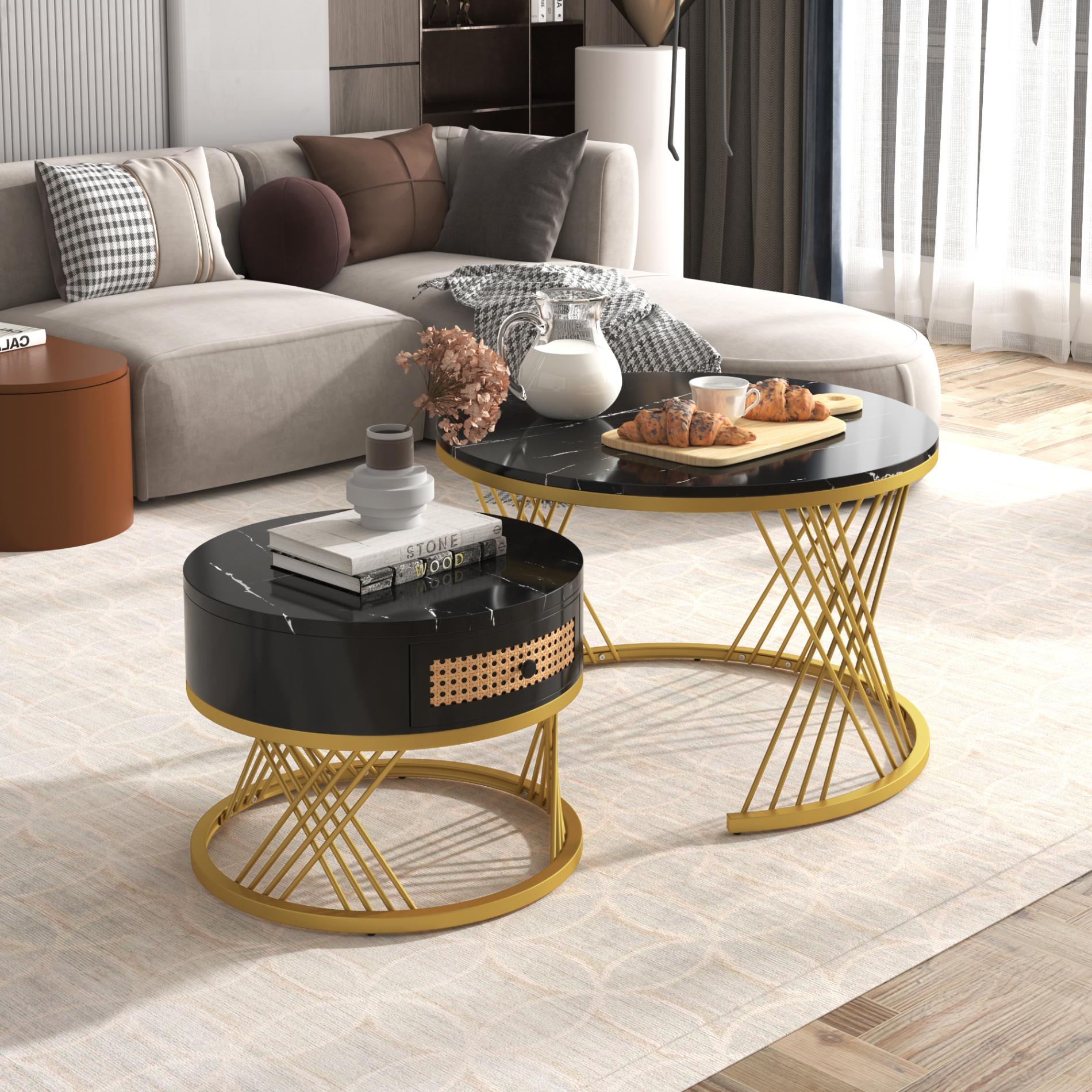 Okrągły stolik kawowy 2 w 1 z płyty MDF z marmurowym blatem, szufladami z plastikowego rattanu i złotymi nogami z żelaza – nowoczesny design