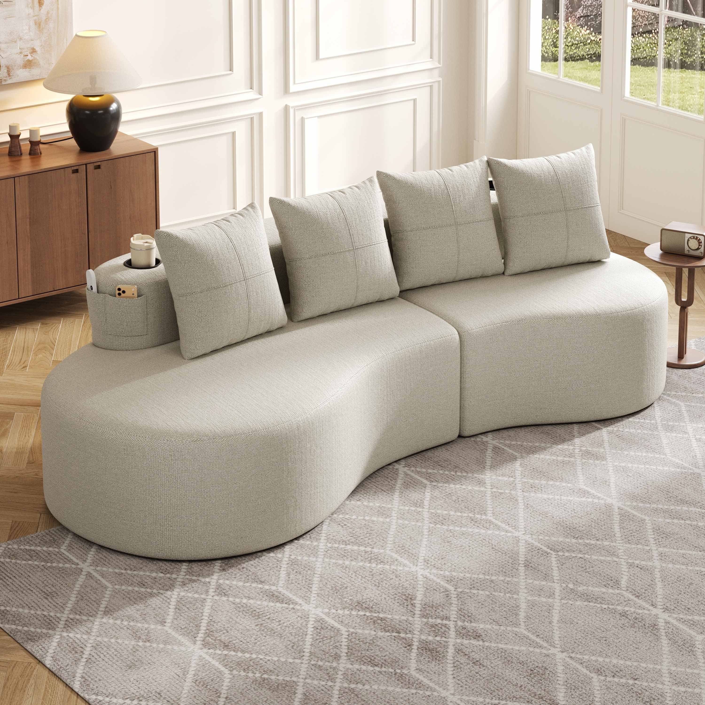 Canapé en Lin Beige avec 4 Coussins, Porte-Gobelets & Poche Latérale ...