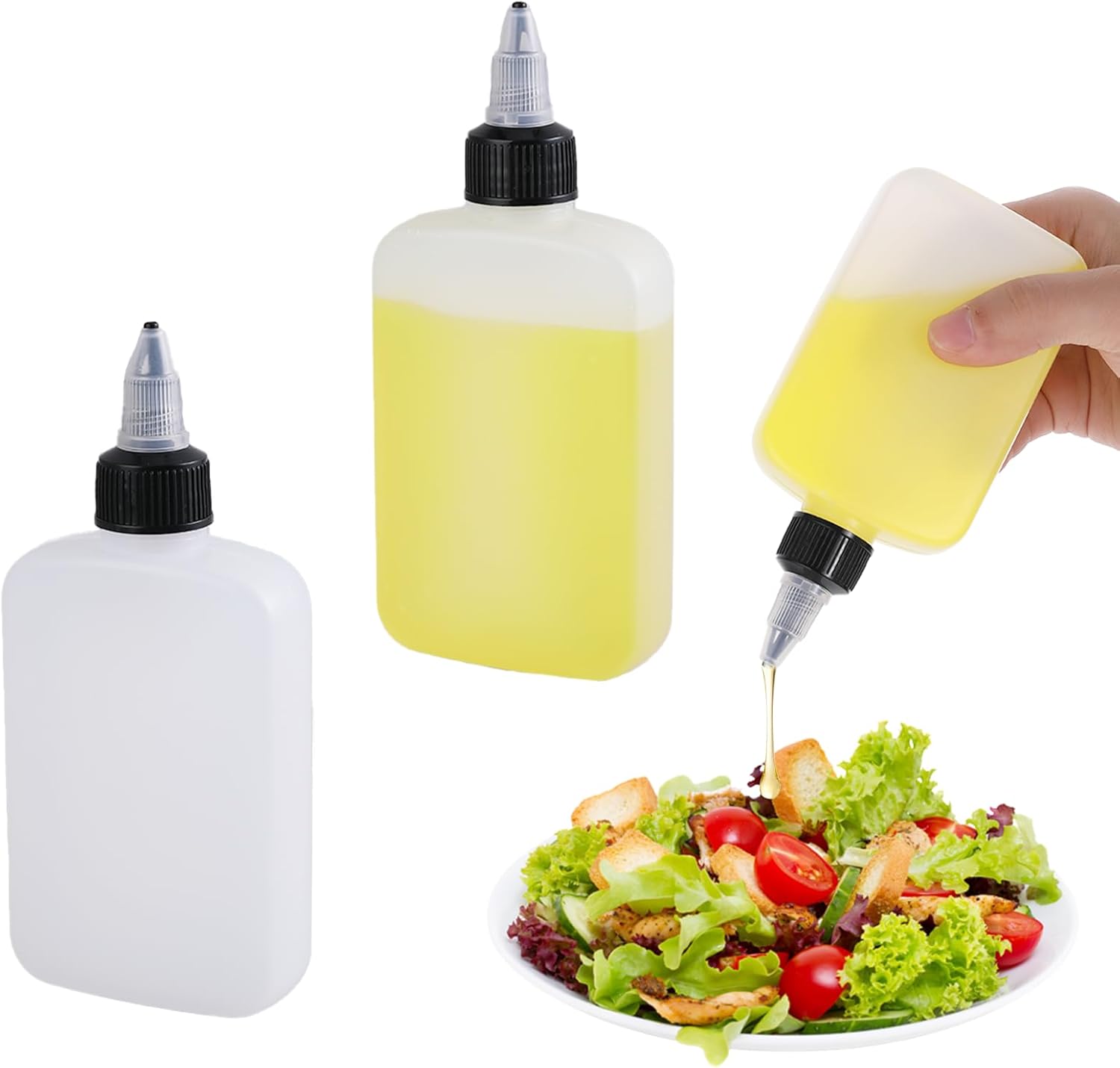 Zestaw 2 małych, napełnianych, szczelnych plastikowych butelek na przyprawy do sosów, sałatek, oleju, ketchupu, musztardy