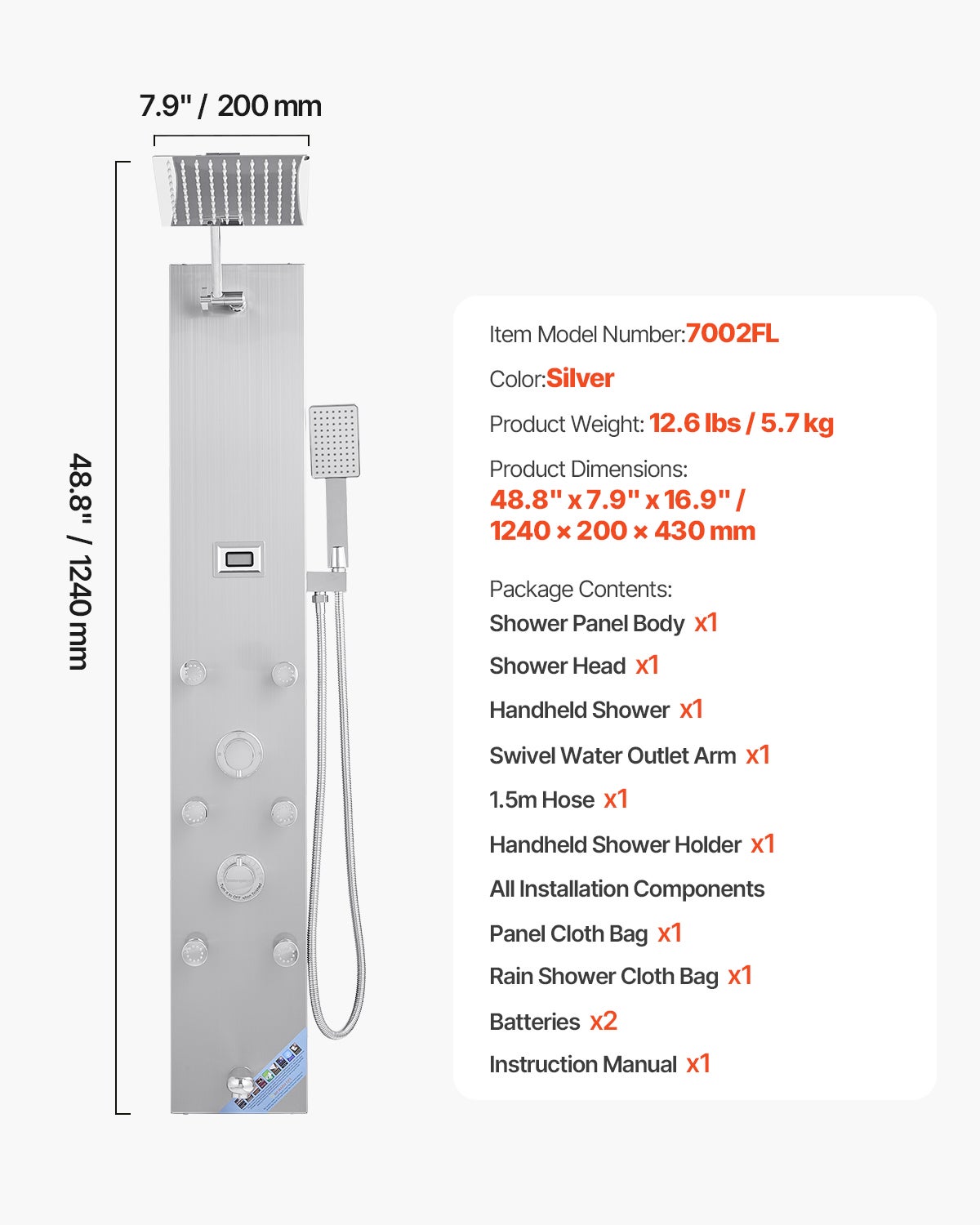 Painel de Chuveiro VEVOR em Aço Inoxidável Escovado, 124 cm, com Efeito Chuva, Alta Pressão, com Ducha de Mão - 7