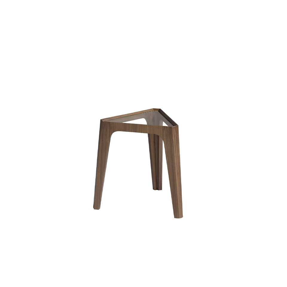 Trójkątny stolik narożny z hartowanego szkła i orzecha włoskiego 45 x 39 x 42 cm