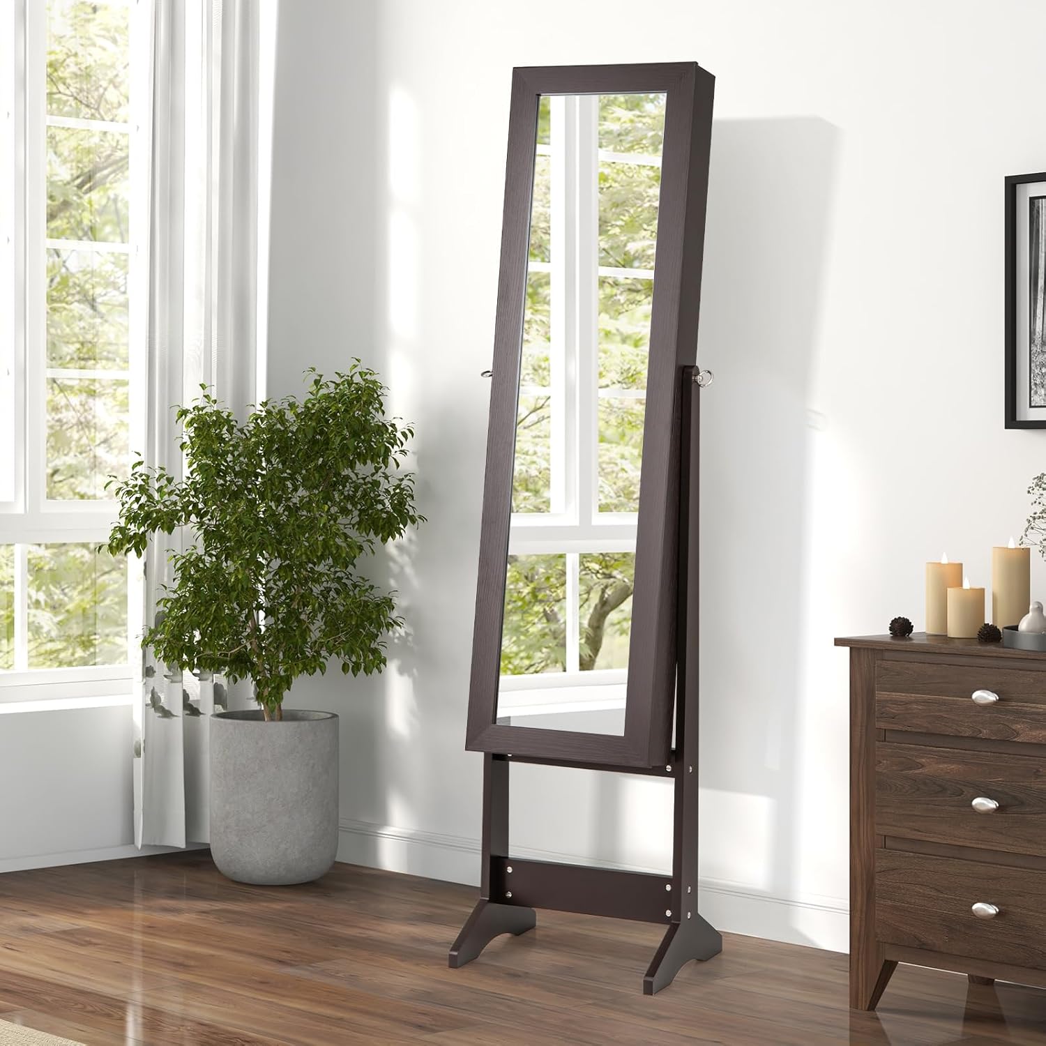 Armoire à Bijoux sur Pied avec Miroir Inclinable en 3 Positions, Armoire de Rangement Cosmétiques de Grande Capacité avec 4 Étagères(Marron) - 9