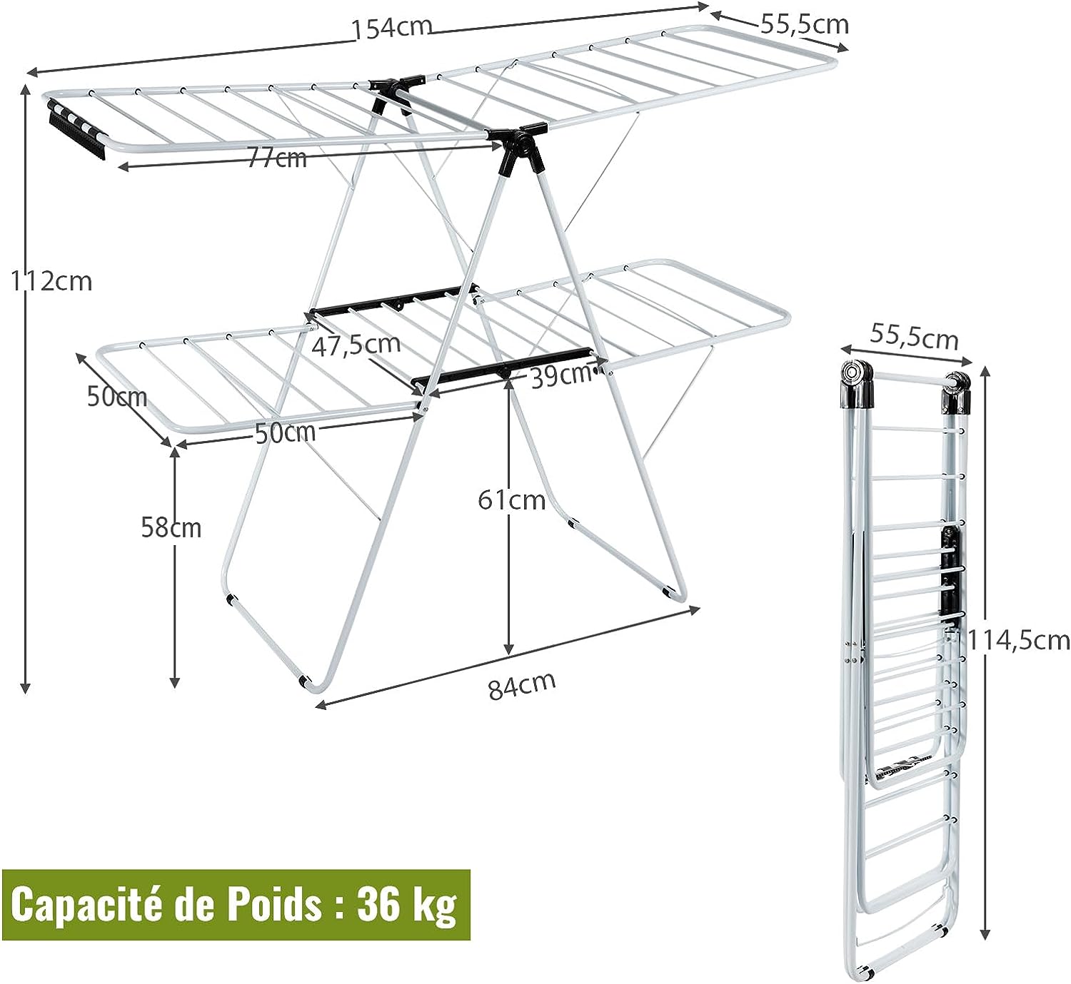 Stendibiancheria a 2 Livelli, Stendino Pieghevole con Braccia Laterali Regolabili in Altezza e Telaio in Acciaio, Stendipanni Salvaspazio per - 5