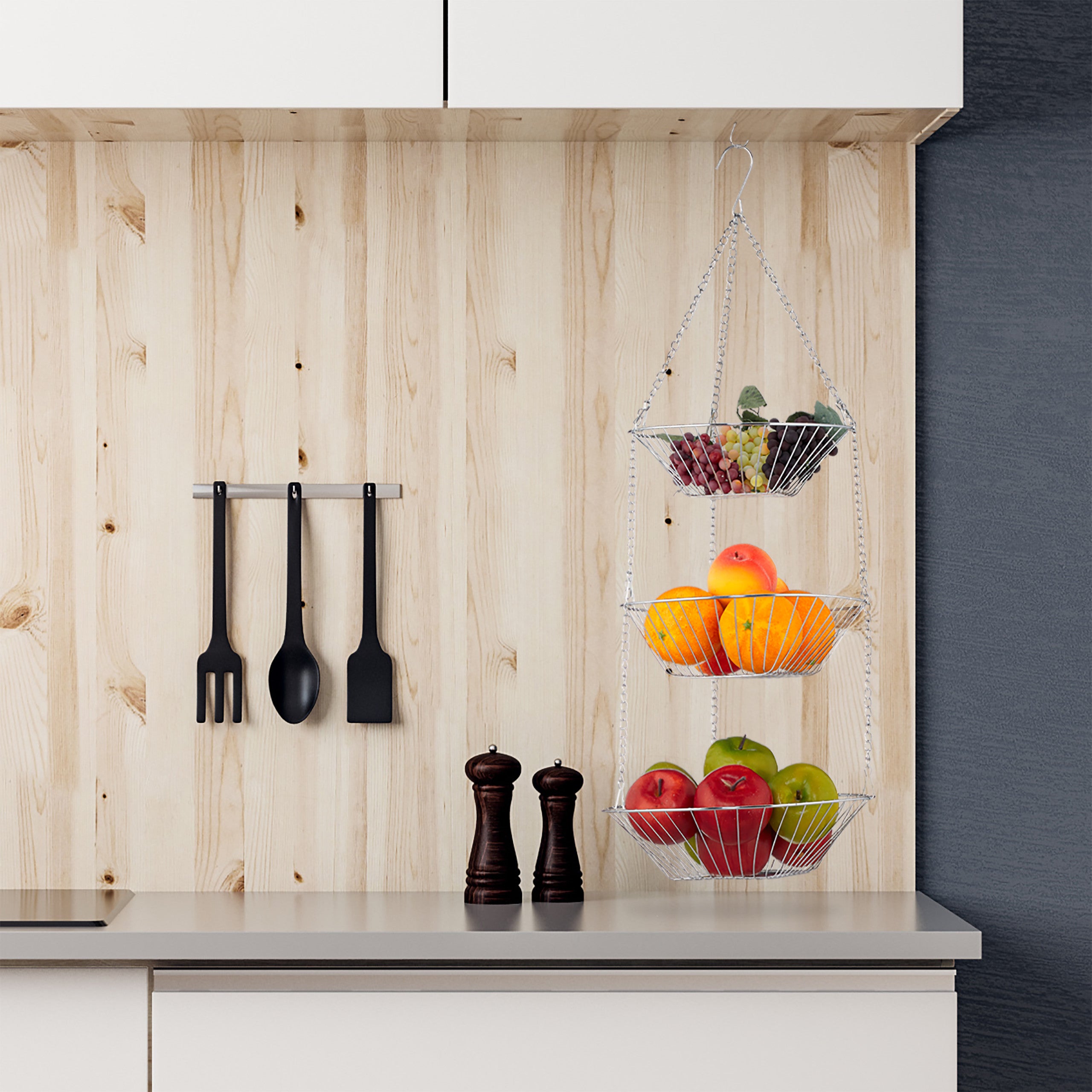 Cesto Appeso A 3 Piani Per Frutta E Verdura | Salvaspazio Da Cucina In Metallo | Design Rotondo Con Gancio - 2