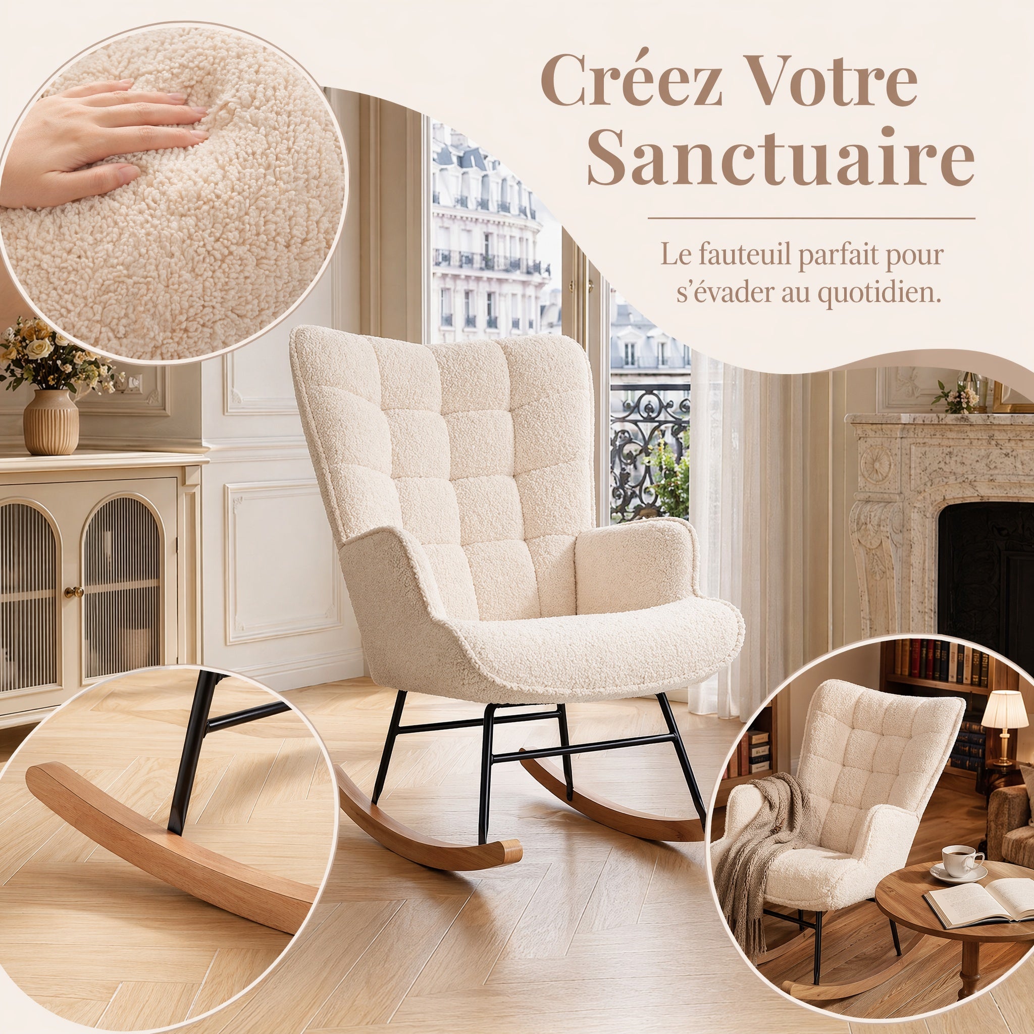 Fauteuil à Bascule Rocking Chair 68x75x92cm – Fauteuil Allaitant Rembourré avec Dossier Haut Capitomné et Accoudoirs – Peluche - Beige&nbsp; - 6