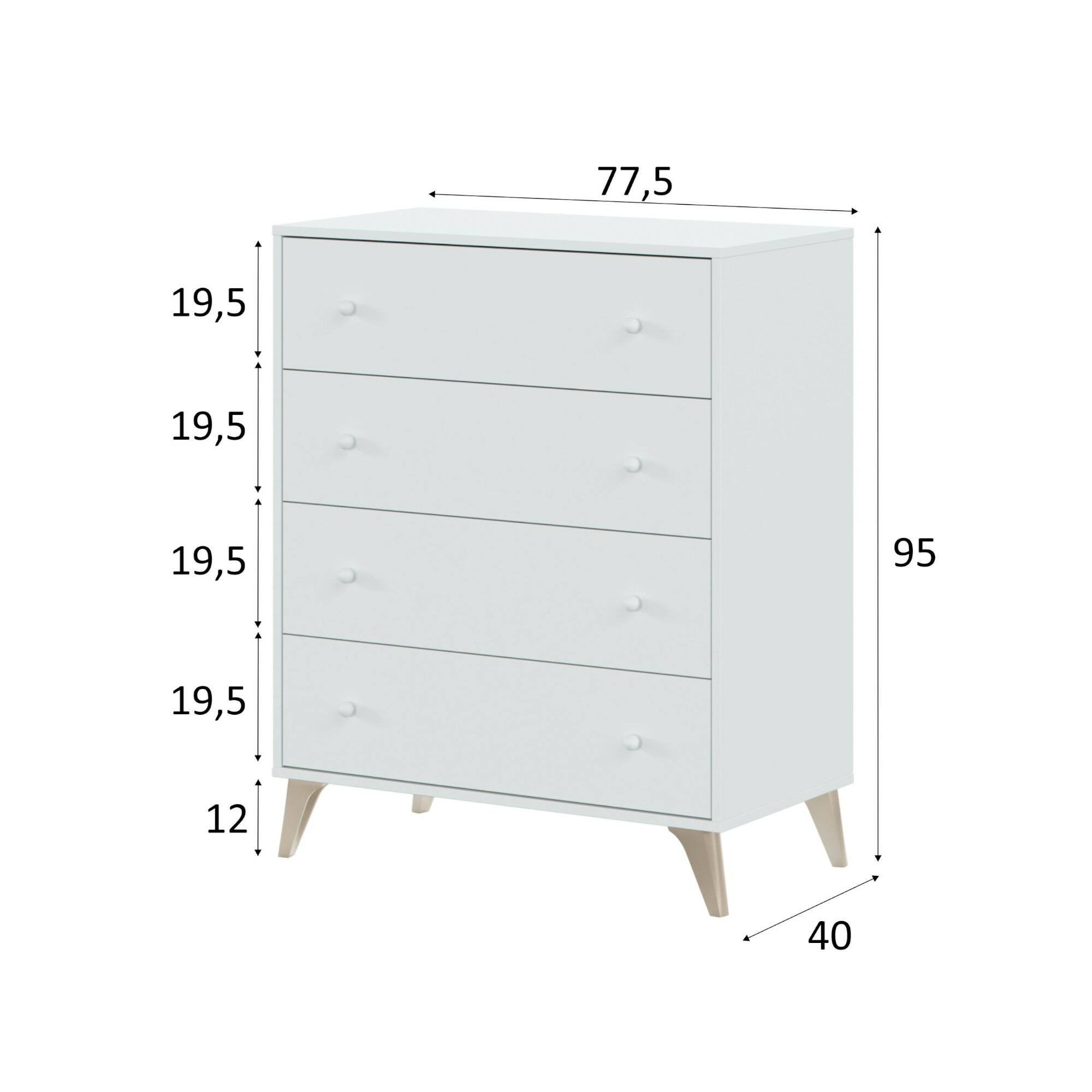 Commode Denver, commode 4 tiroirs, Commode pour la chambre, Commode moderne, 78x40h95 cm, Blanc - 3