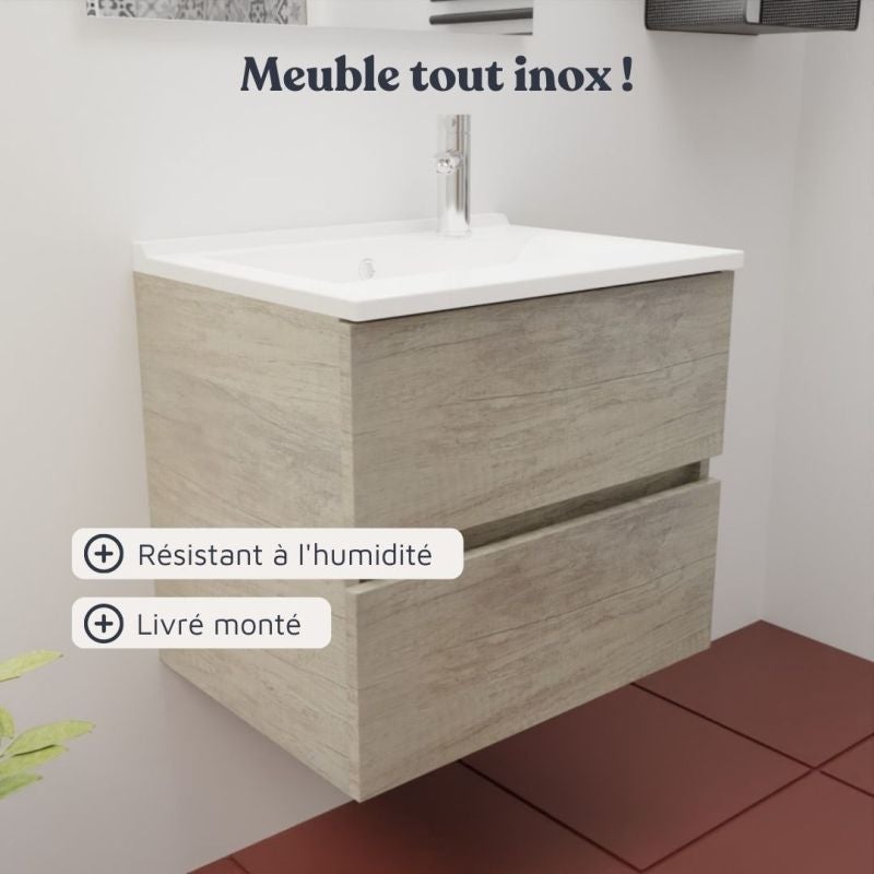 Meuble salle de bain suspendu 60 cm ROSALY INOX- Bois- Plan vasque en Résine - 5
