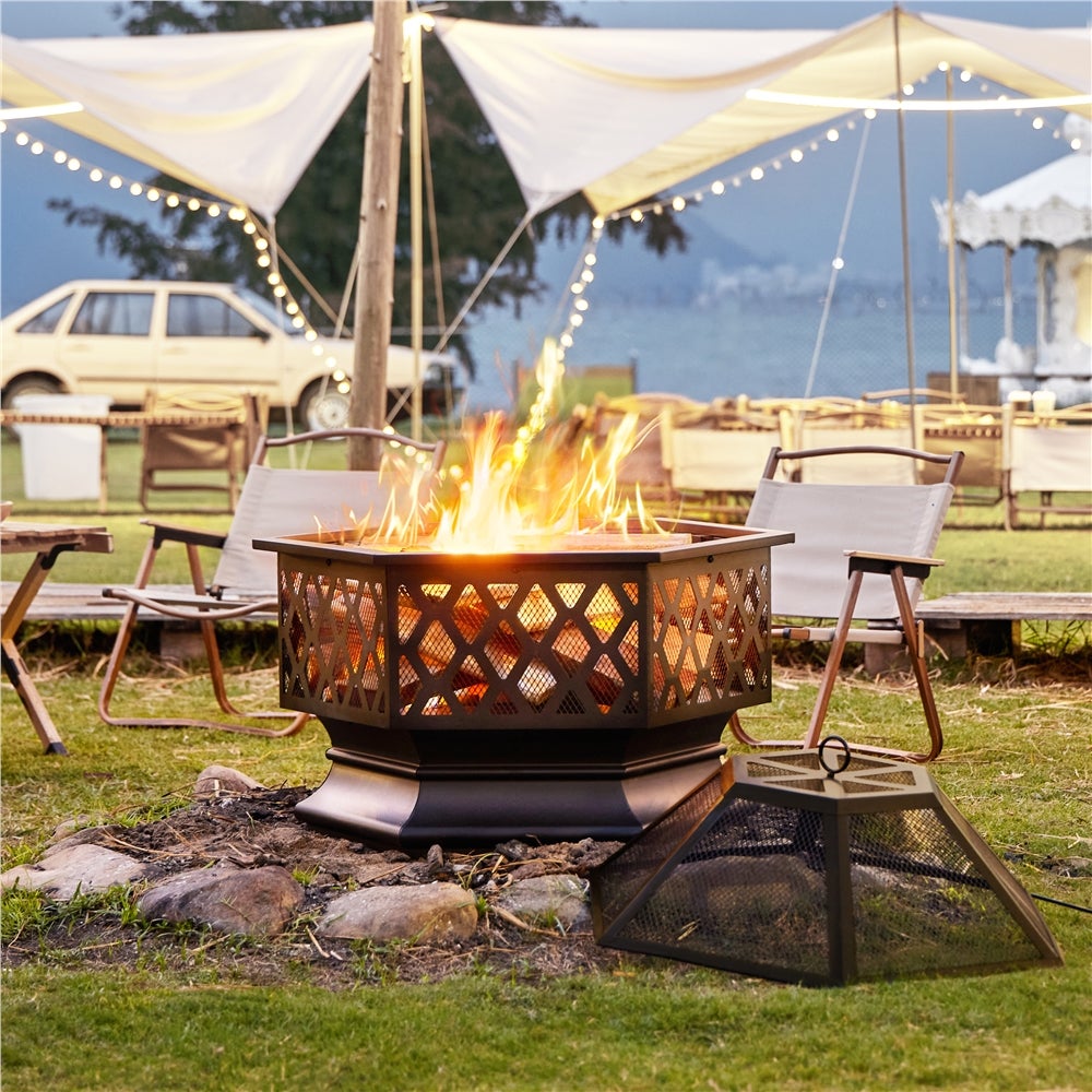 Brasero Jardin Hexagonal 60,5 x 60,5x 62cm H, Poêle à Bois Métal avec Couverture et Poker, pour Fête et Patio, Chauffage Extérieur Noir YAHEETECH - 2
