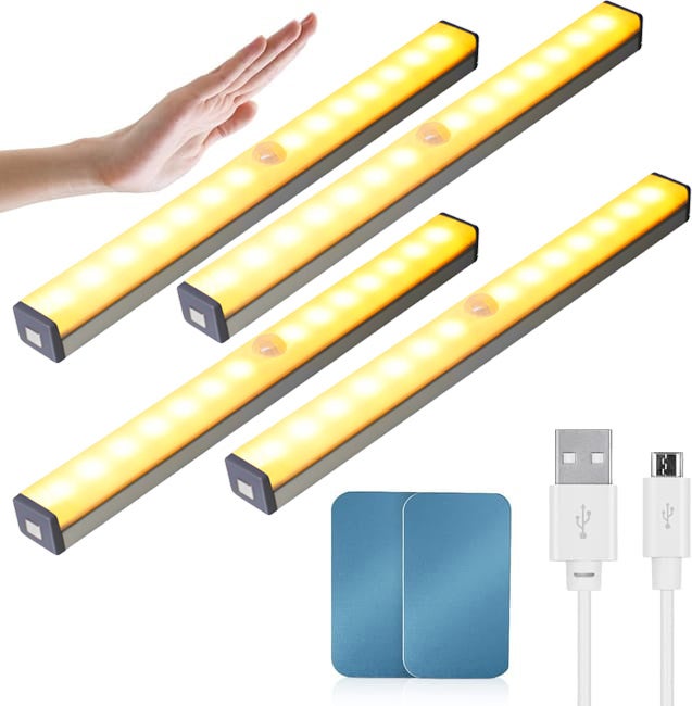 Zestaw 4 lamp z czujnikiem do szafy, lampka nocna z czujnikiem ruchu, 29,7 cm, ciepła żółta